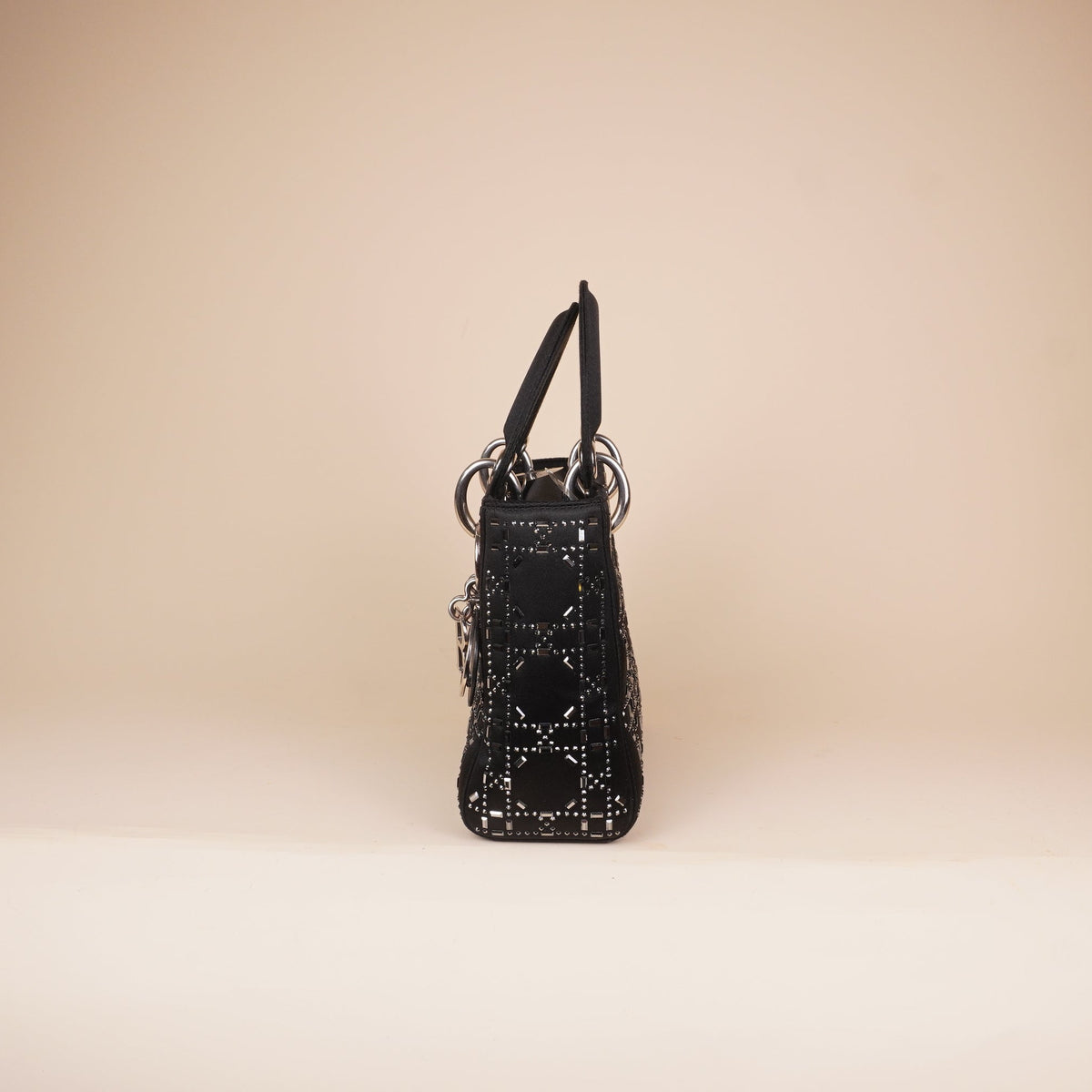 PRE-OWNED CD Satin Crystal Cannage Mini Lady Dior Black