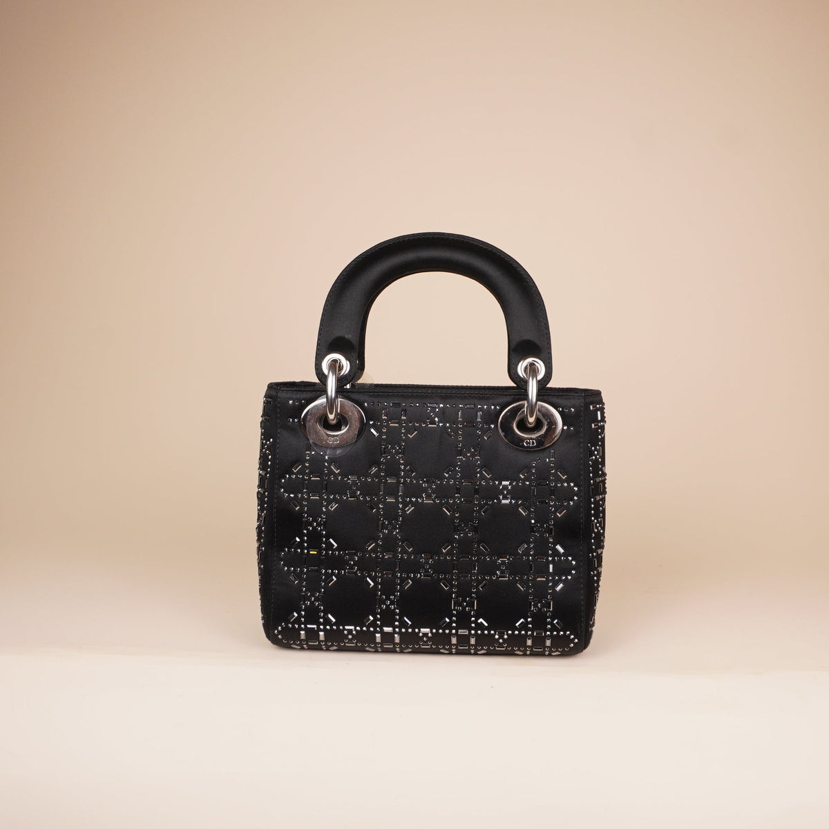 PRE-OWNED CD Satin Crystal Cannage Mini Lady Dior Black