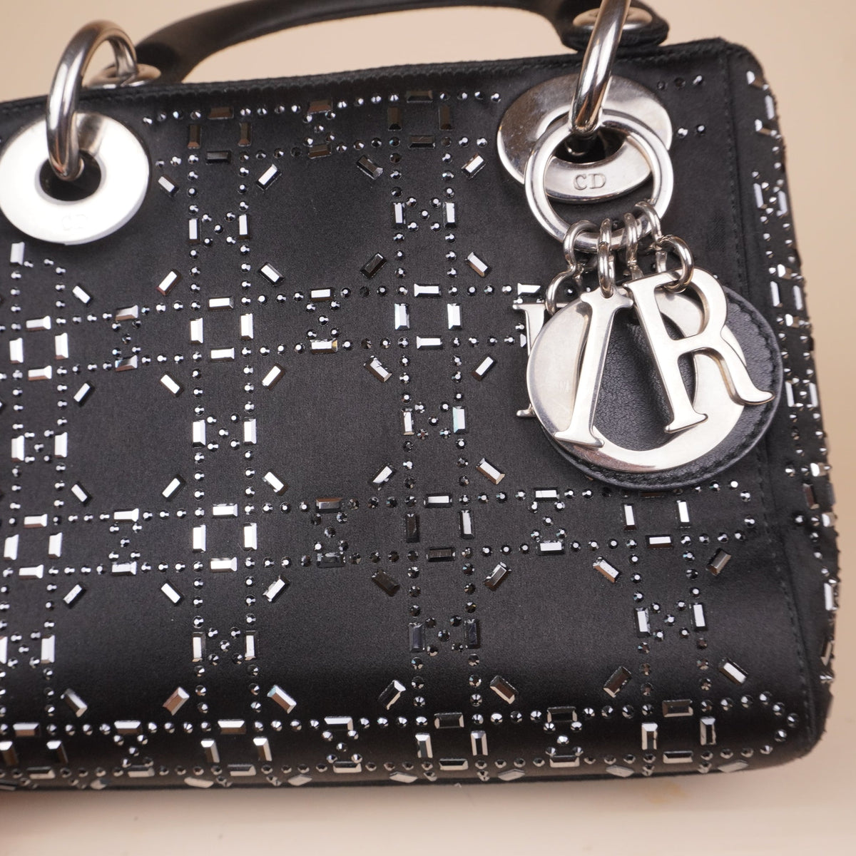 PRE-OWNED CD Satin Crystal Cannage Mini Lady Dior Black