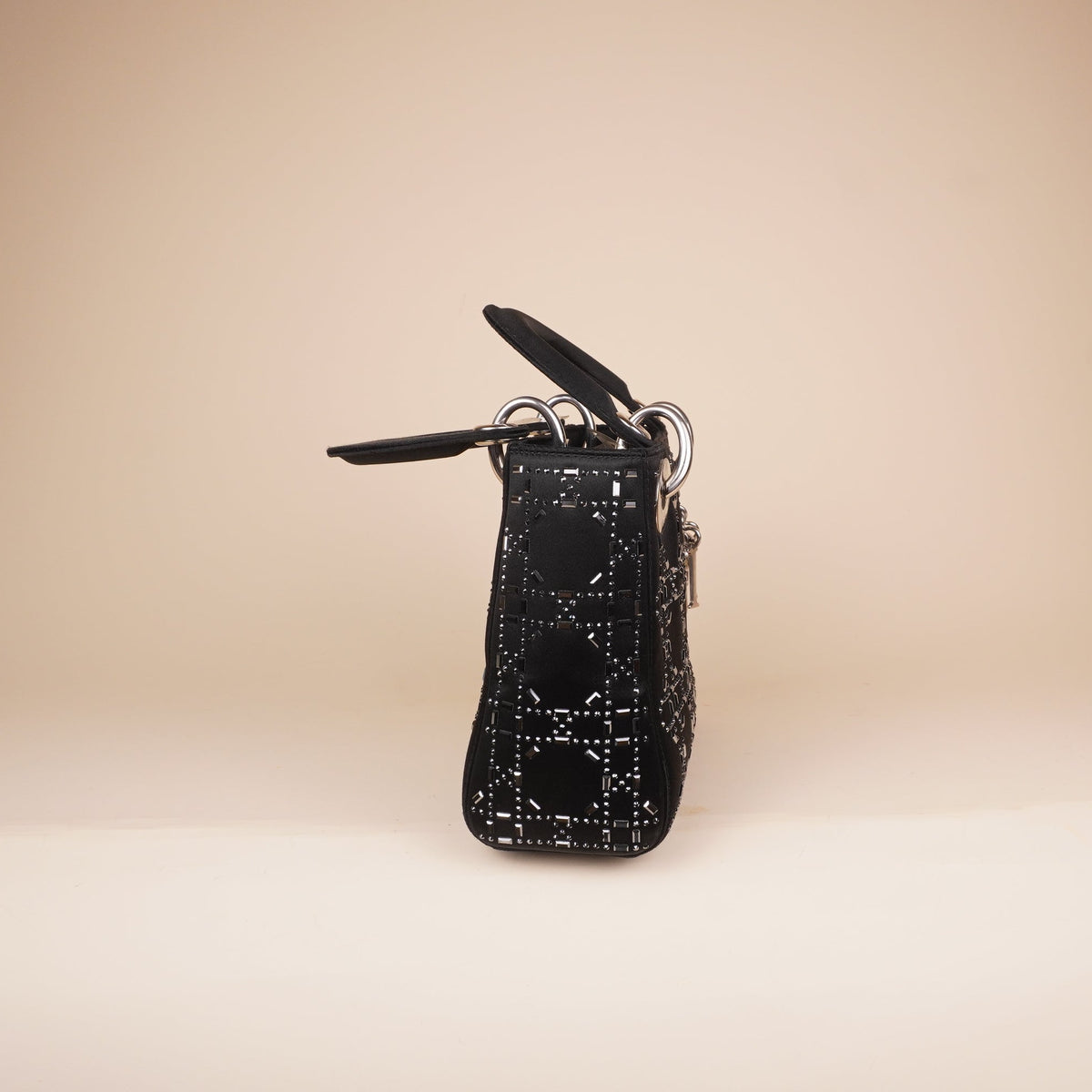 PRE-OWNED CD Satin Crystal Cannage Mini Lady Dior Black