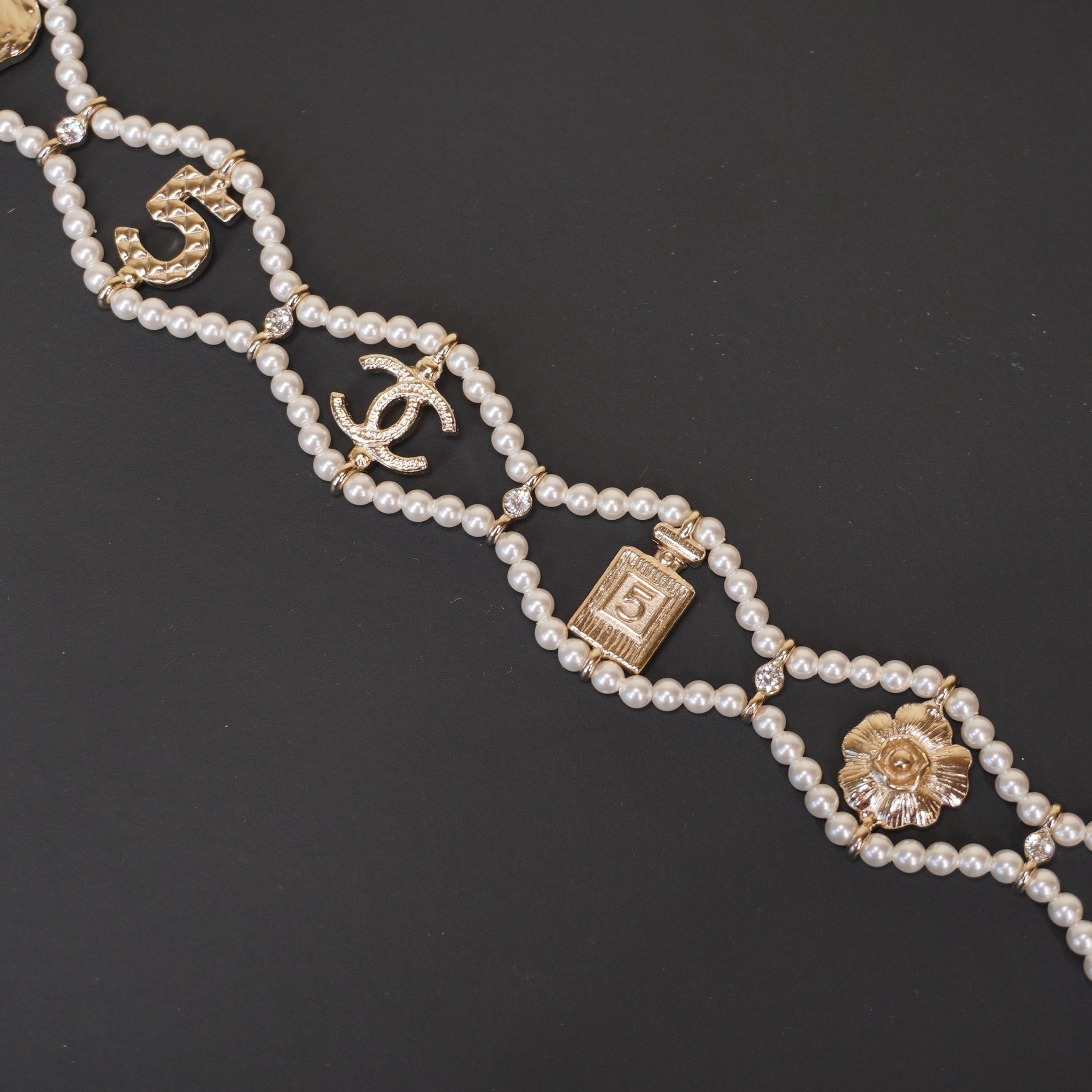 PRE-OWNED Coco MarkCamelia Choker White Gold Clear Fake Pearl Hardware Rhinestones