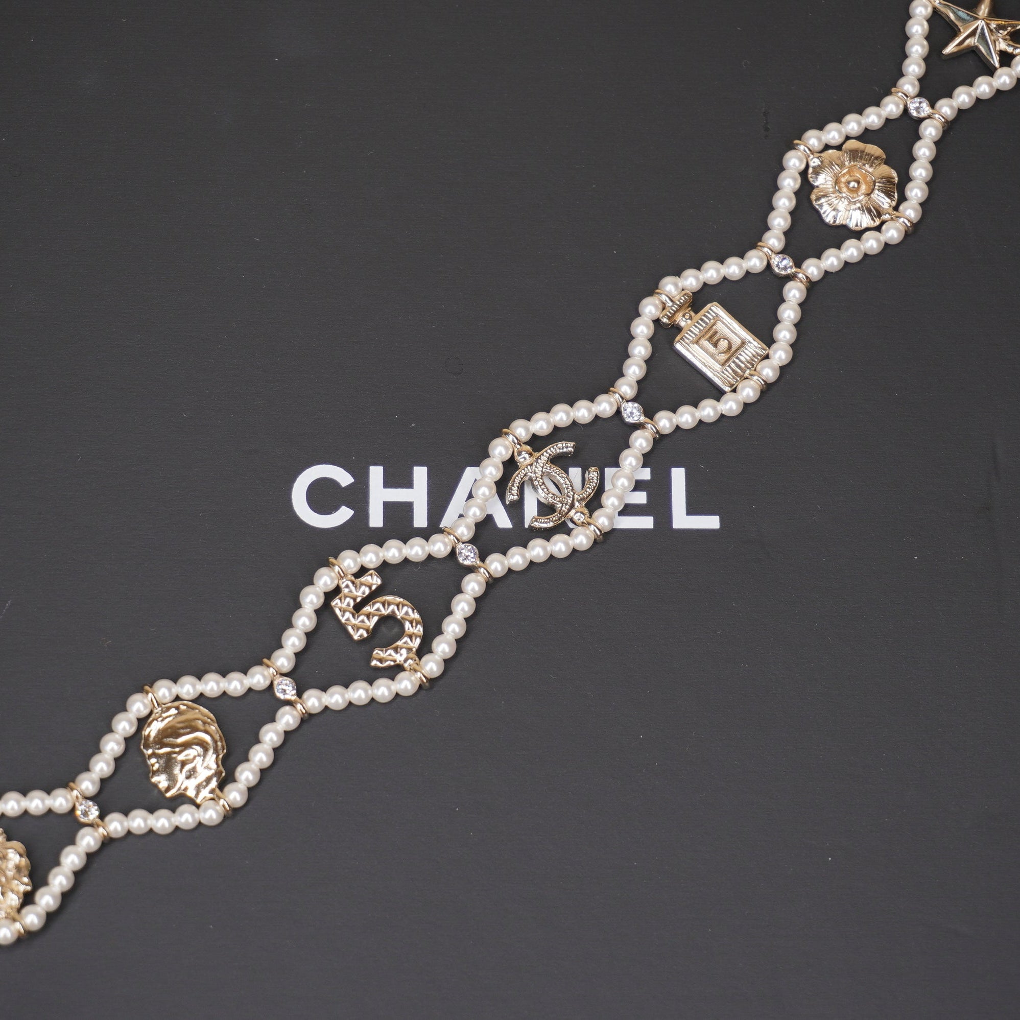 PRE-OWNED Coco MarkCamelia Choker White Gold Clear Fake Pearl Hardware Rhinestones