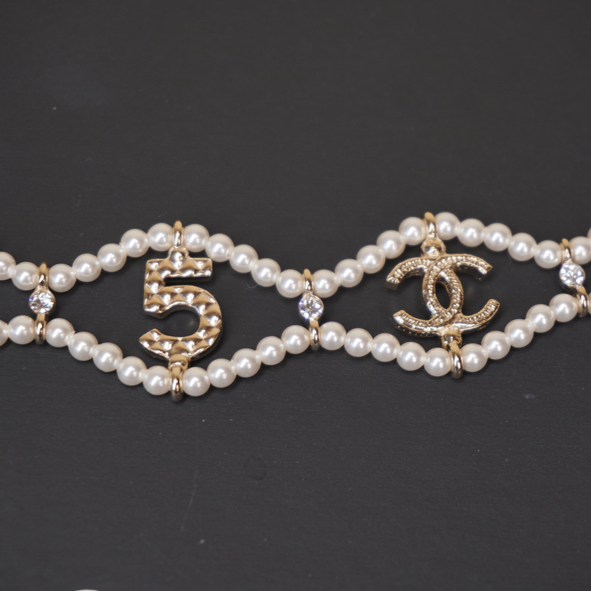 PRE-OWNED Coco MarkCamelia Choker White Gold Clear Fake Pearl Hardware Rhinestones