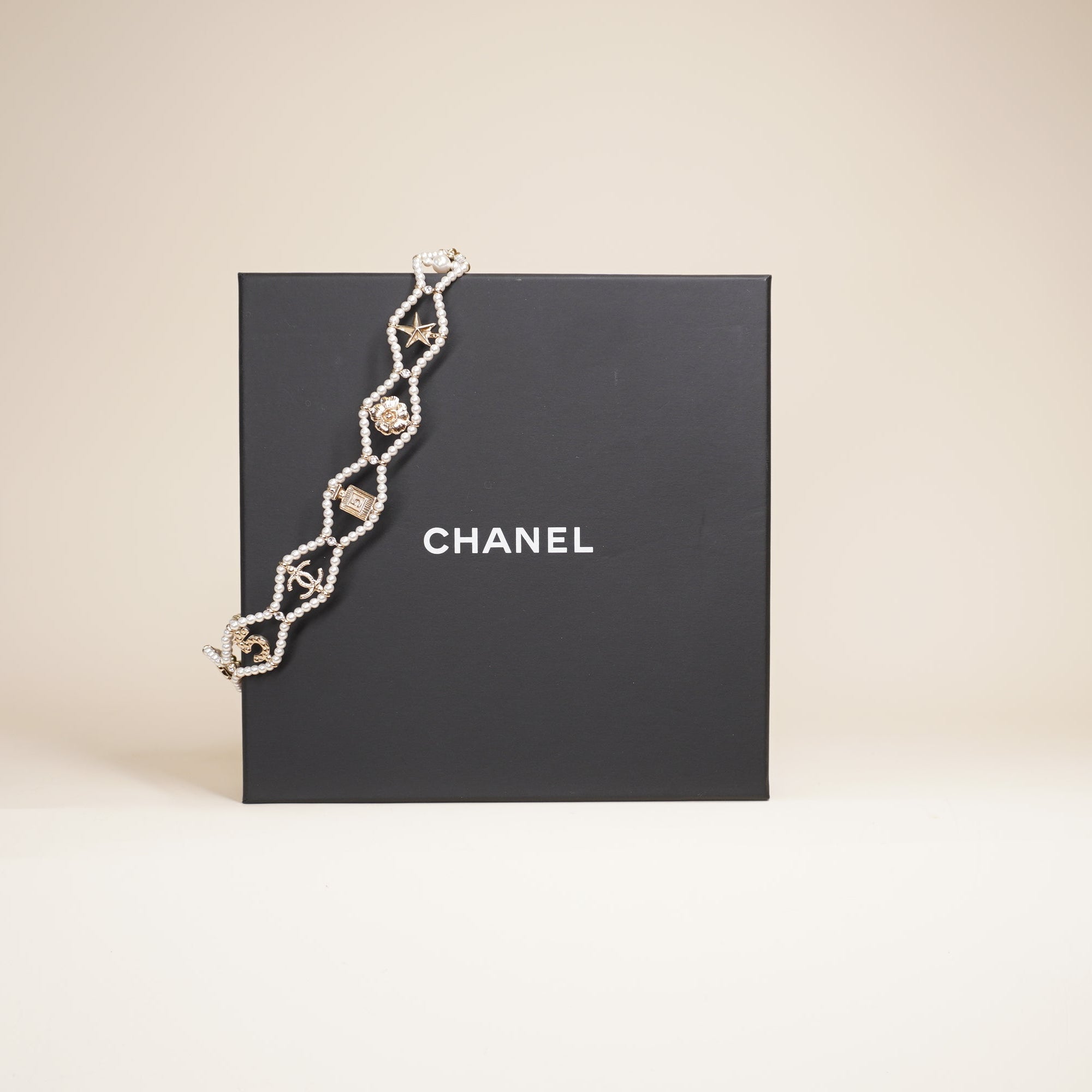 PRE-OWNED Coco MarkCamelia Choker White Gold Clear Fake Pearl Hardware Rhinestones