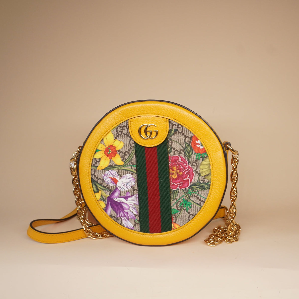 PRE-OWNED GG Yellow Leather Floral Print Canvas Ophidia Round Mini Crossbody Bag