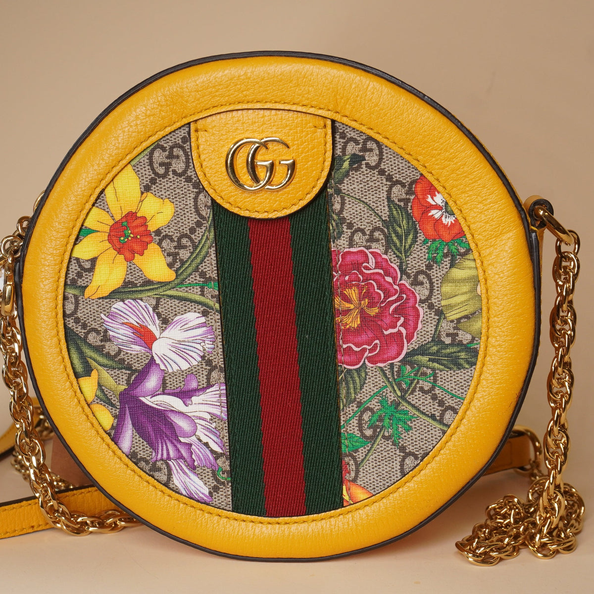 PRE-OWNED GG Yellow Leather Floral Print Canvas Ophidia Round Mini Crossbody Bag