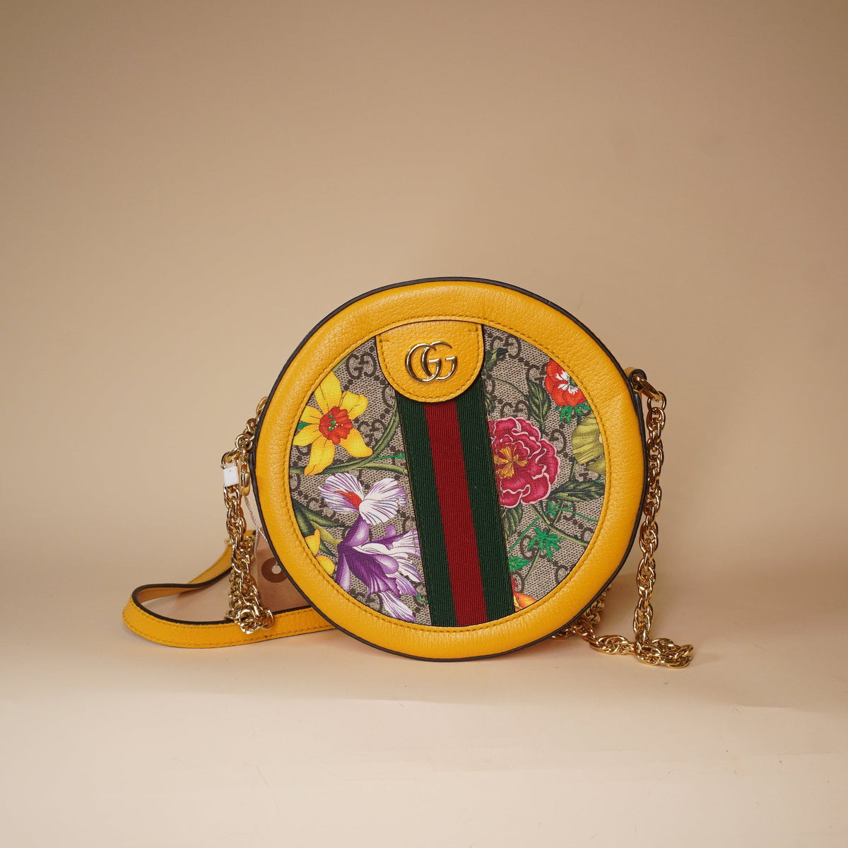 PRE-OWNED GG Yellow Leather Floral Print Canvas Ophidia Round Mini Crossbody Bag