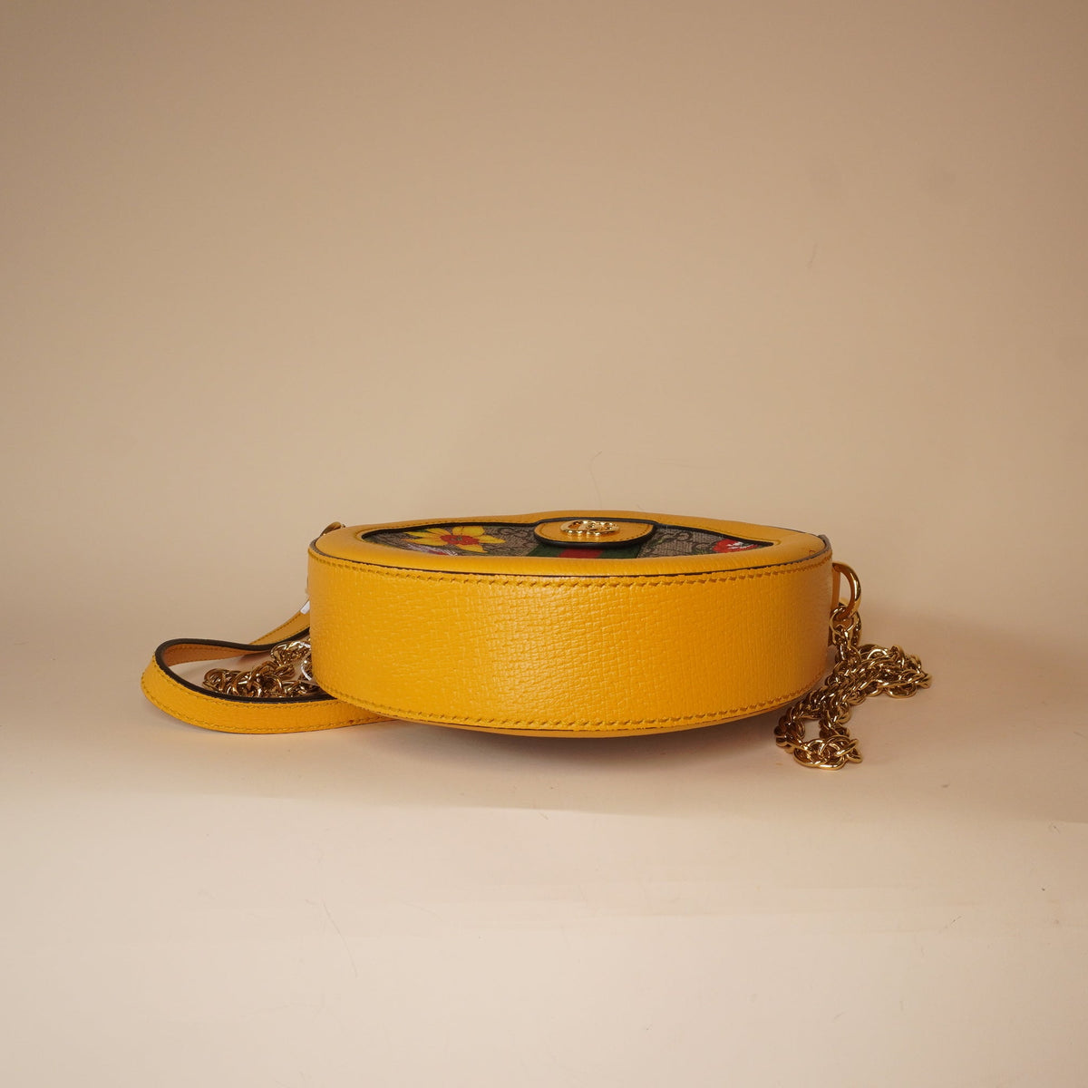 PRE-OWNED GG Yellow Leather Floral Print Canvas Ophidia Round Mini Crossbody Bag