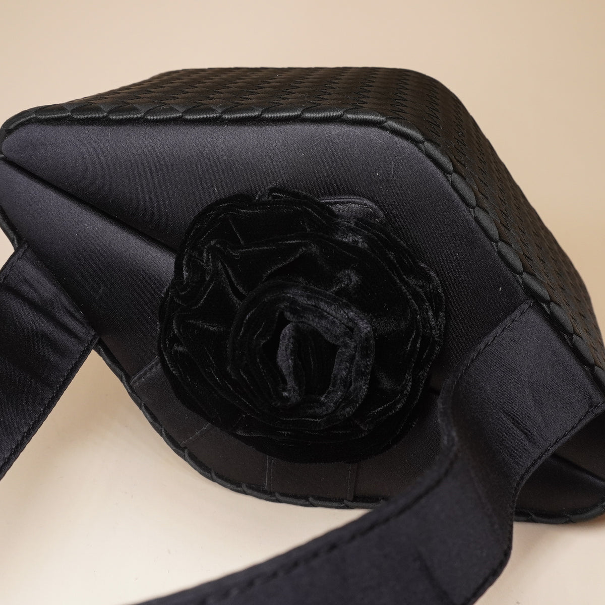 PRE-OWNED BV Vintage Black Satin Flower Top Handle Bag