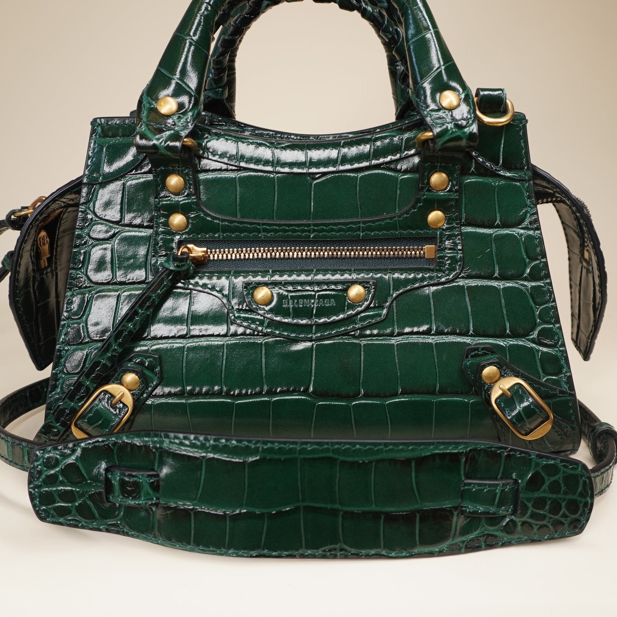 PRE-OWNED Green Croc Embossed Leather Mini Neo Classic City Tote