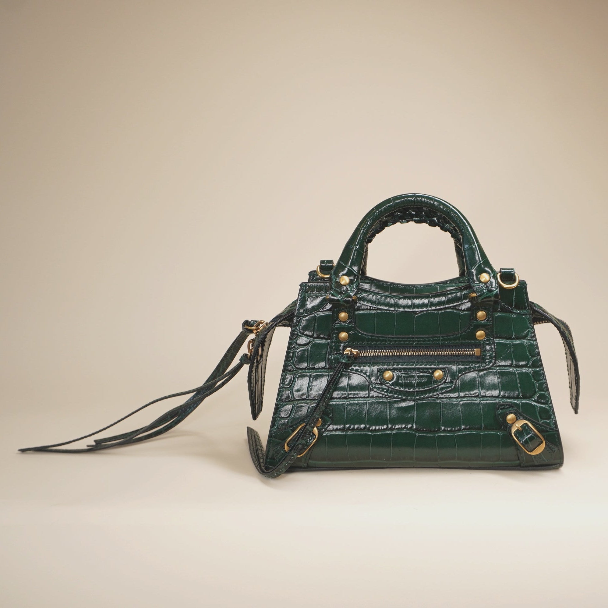 PRE-OWNED Green Croc Embossed Leather Mini Neo Classic City Tote