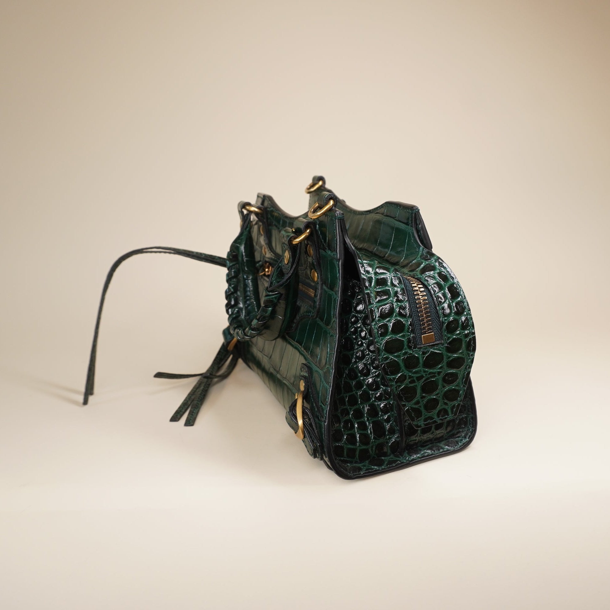 PRE-OWNED Green Croc Embossed Leather Mini Neo Classic City Tote