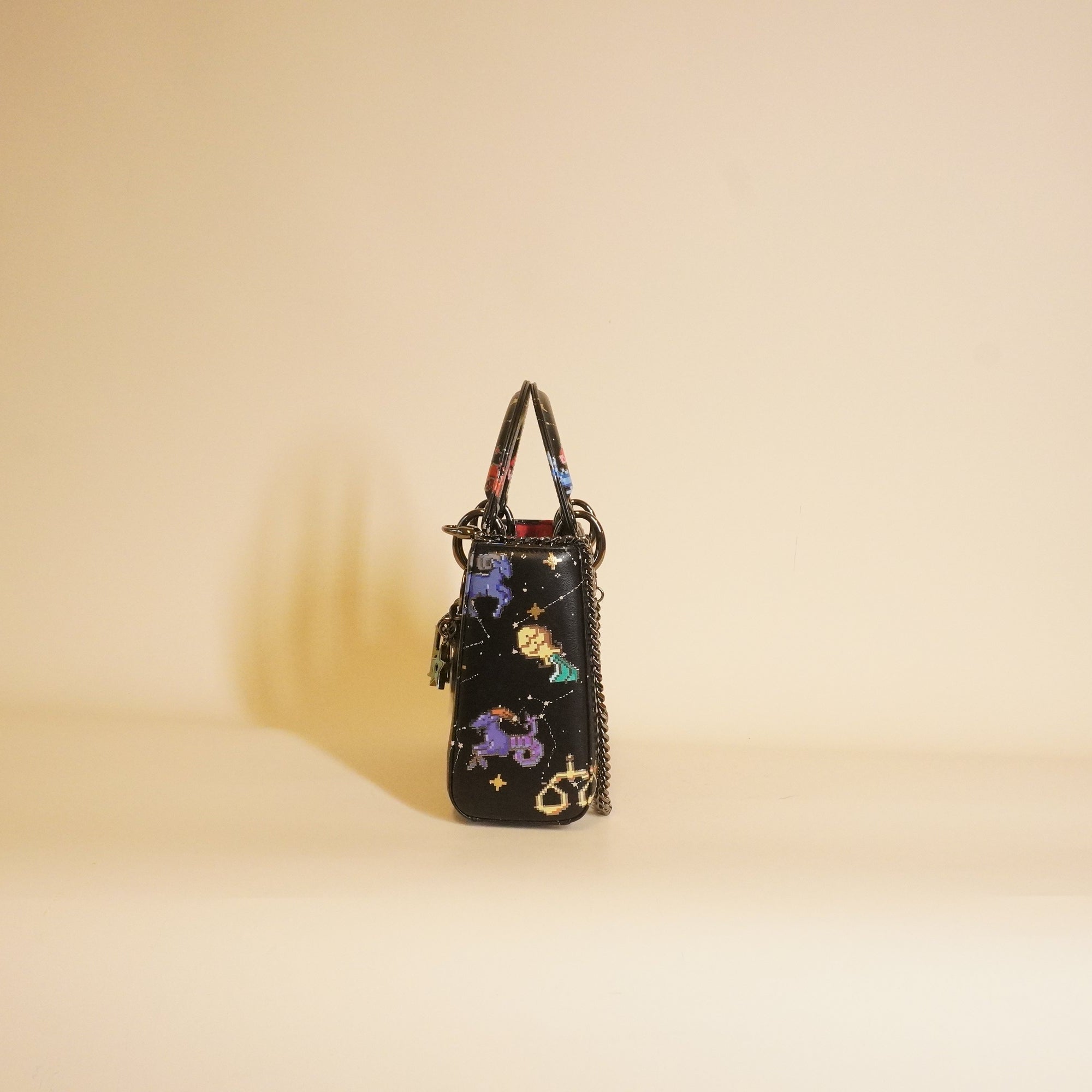 PRE-OWNED Black Leather Mini Lady Dior Pixel Zodiac Handbag