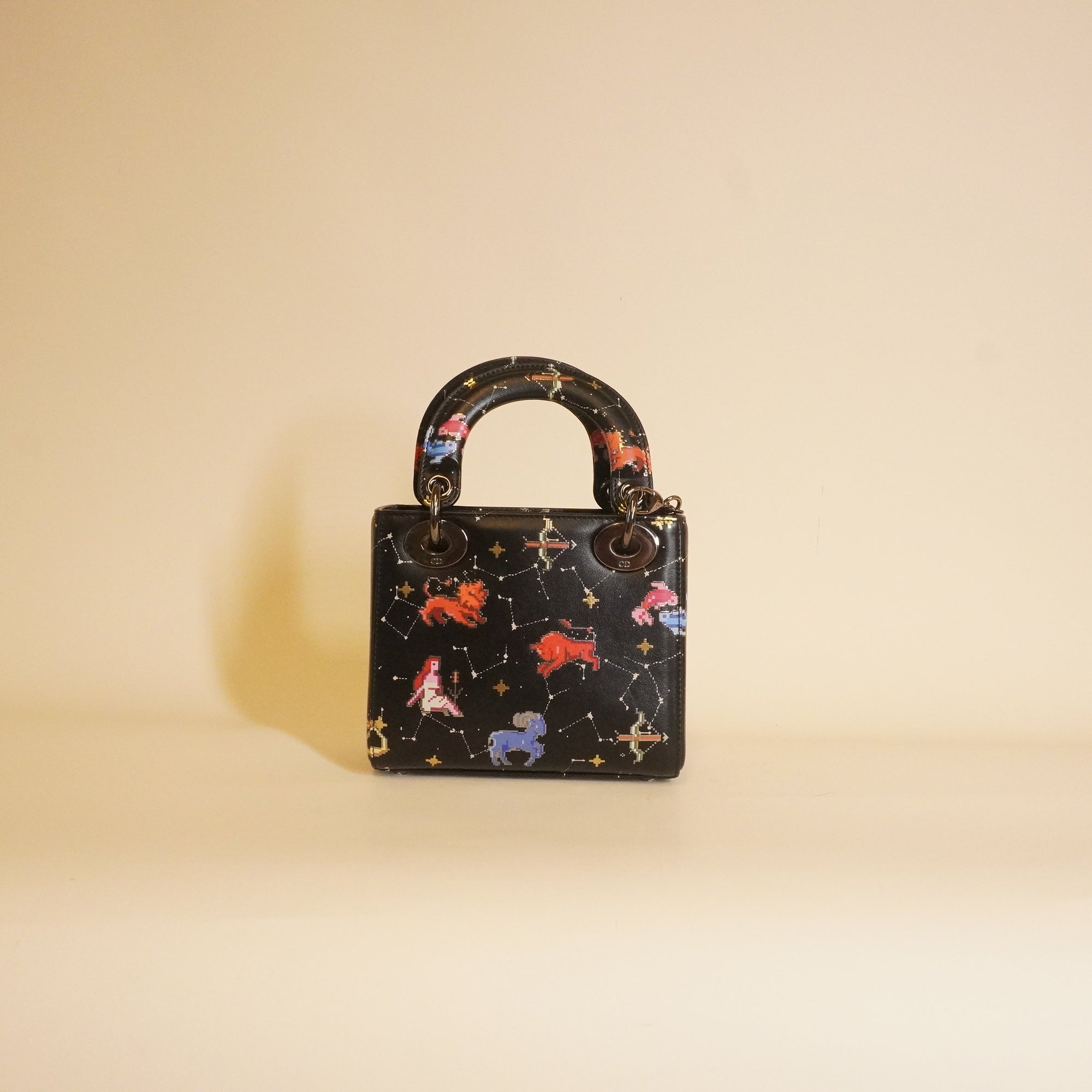 PRE-OWNED Black Leather Mini Lady Dior Pixel Zodiac Handbag