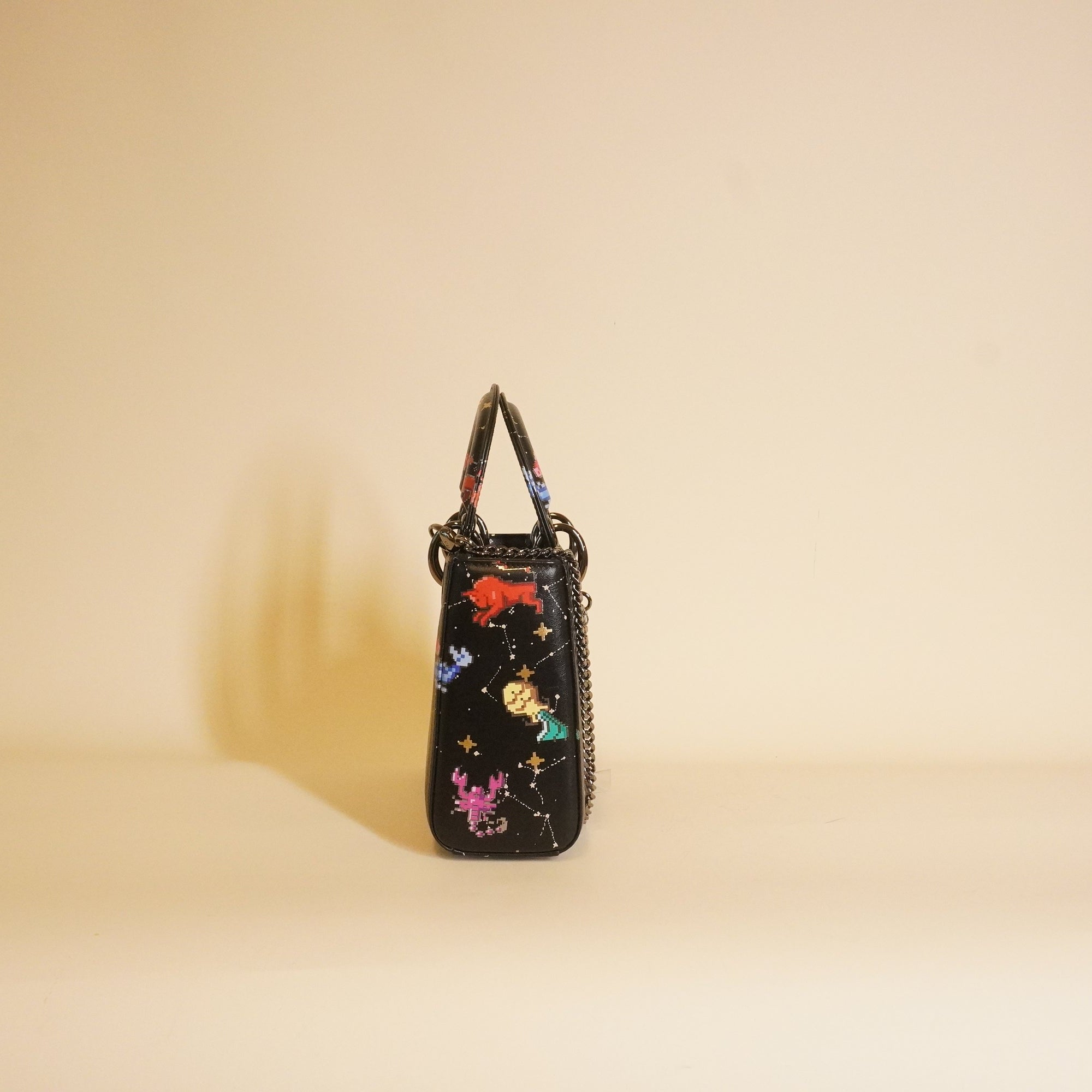 PRE-OWNED Black Leather Mini Lady Dior Pixel Zodiac Handbag