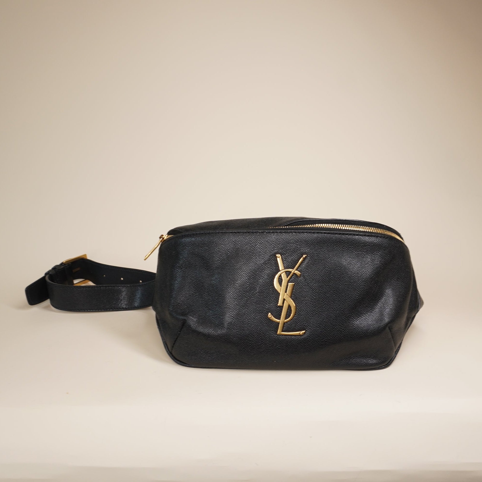 PRE-OWNED YSL Grain De Poudre Monogram Belt Bag Black