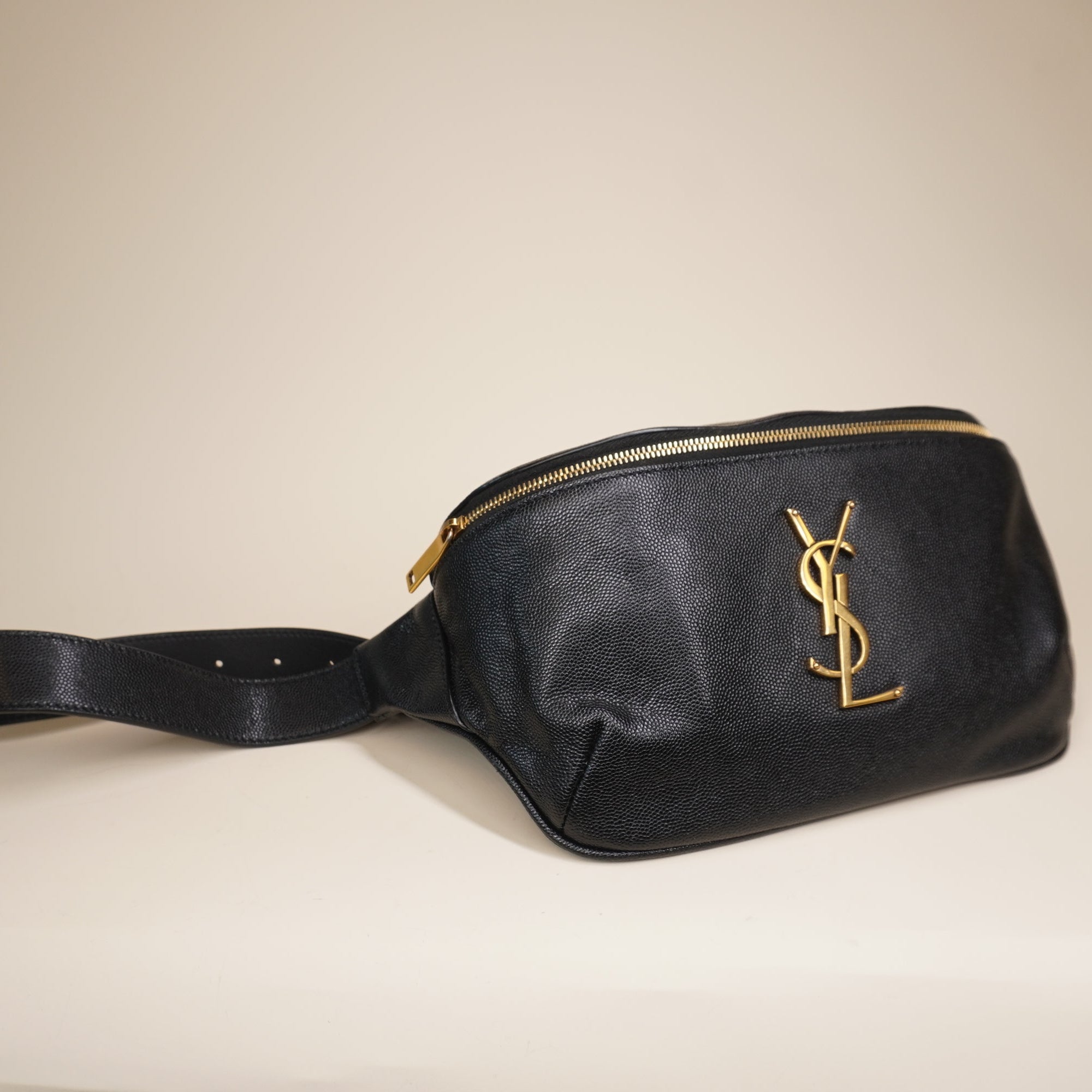 PRE-OWNED YSL Grain De Poudre Monogram Belt Bag Black