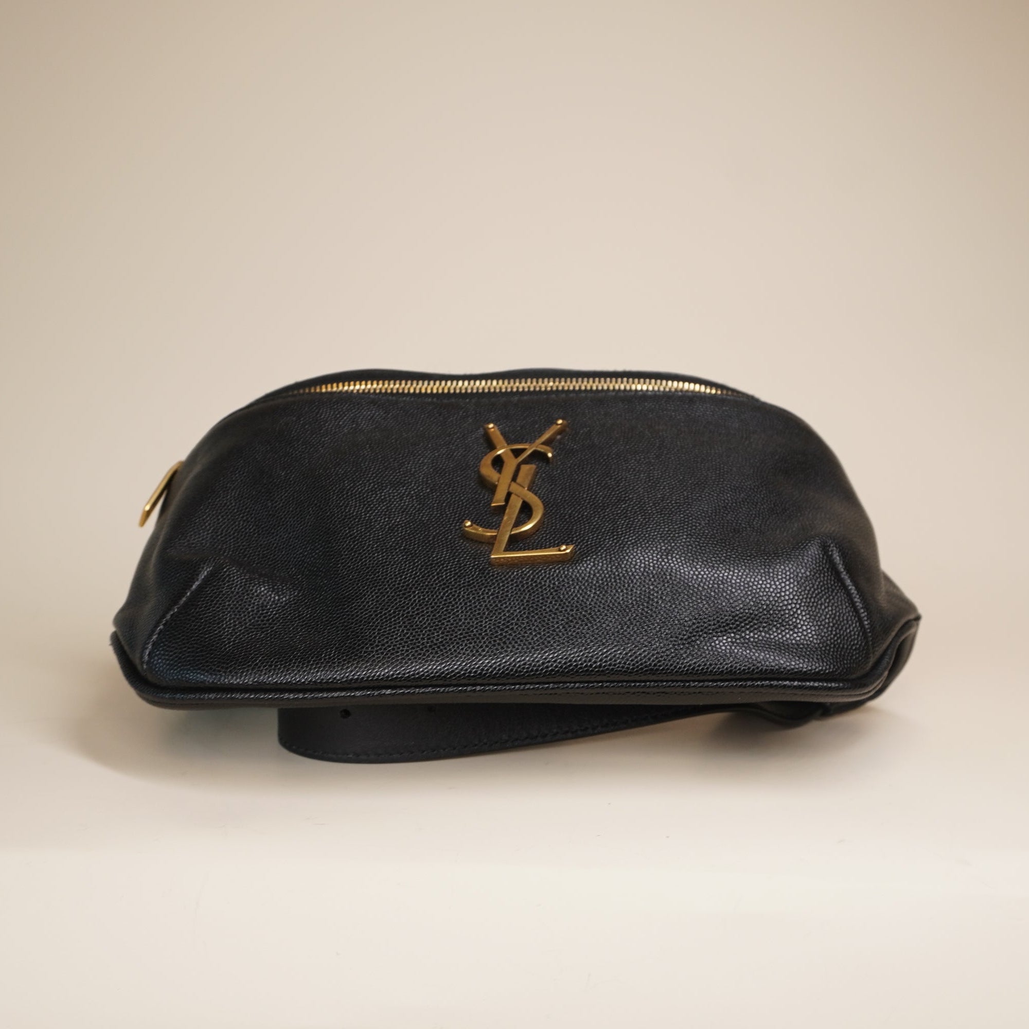 PRE-OWNED YSL Grain De Poudre Monogram Belt Bag Black