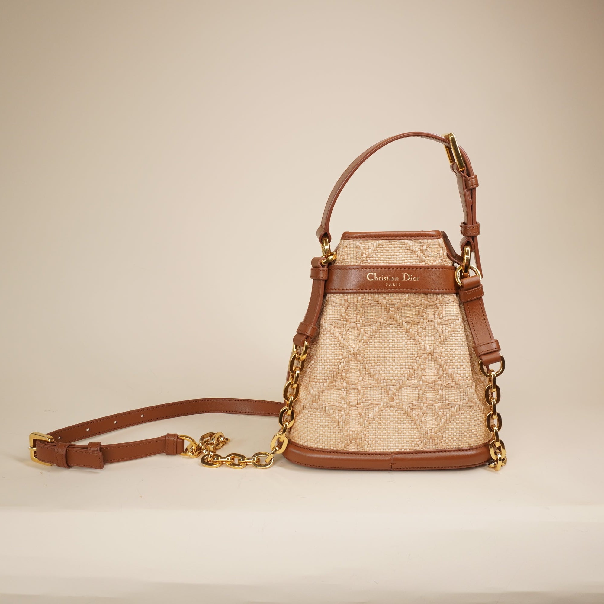 PRE-OWNED Raffia Calfskin Small C'est Dior Cannage Bucket Shoulder Bag