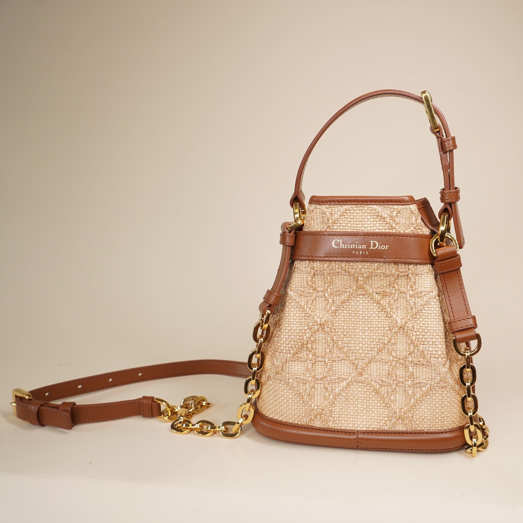 PRE-OWNED Raffia Calfskin Small C'est Dior Cannage Bucket Shoulder Bag