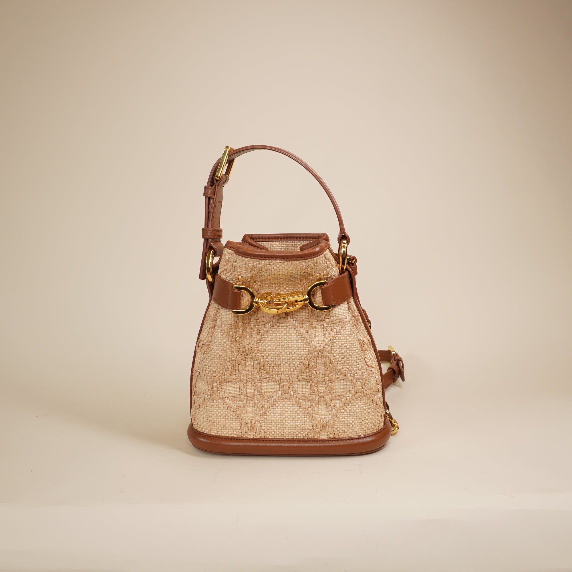 PRE-OWNED Raffia Calfskin Small C'est Dior Cannage Bucket Shoulder Bag