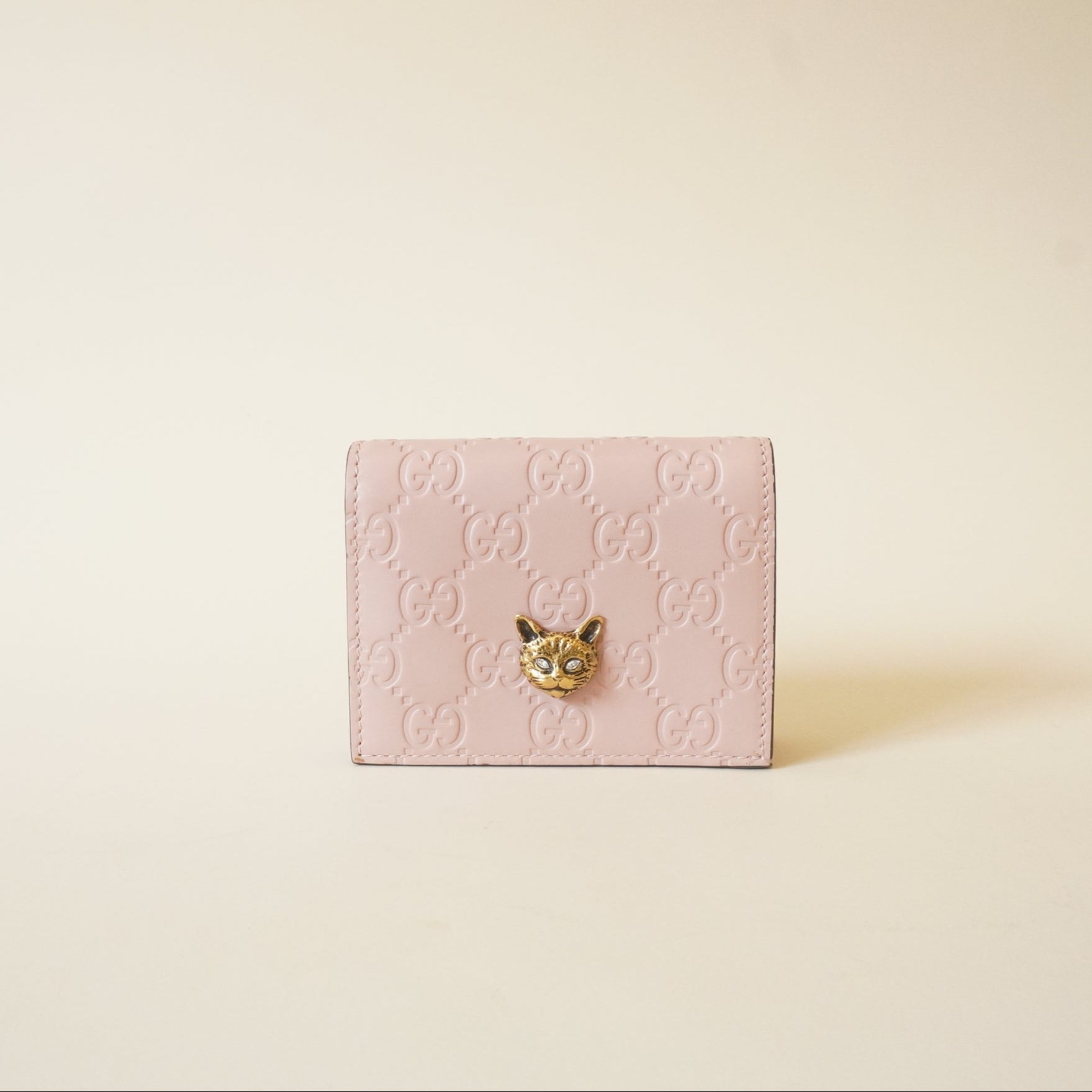 PRE-OWNED Guccissima Signature Crystal Cat Card Case Wallet Light Candy Pink