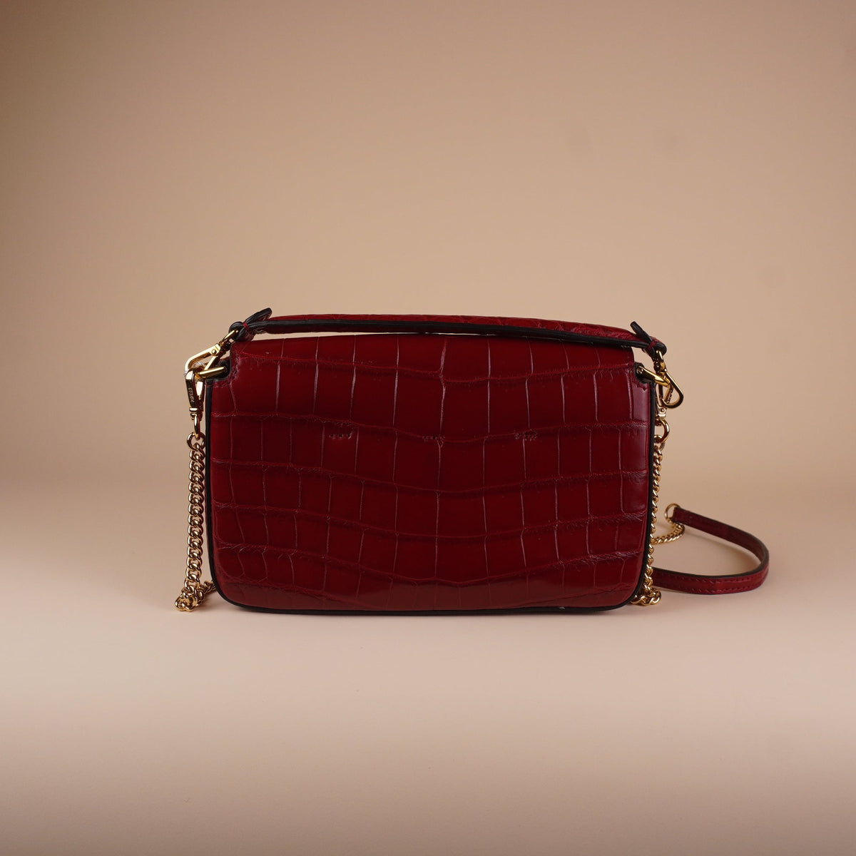 PRE-OWNED FF Mini Baguette Red Crocodile Embossed Leather