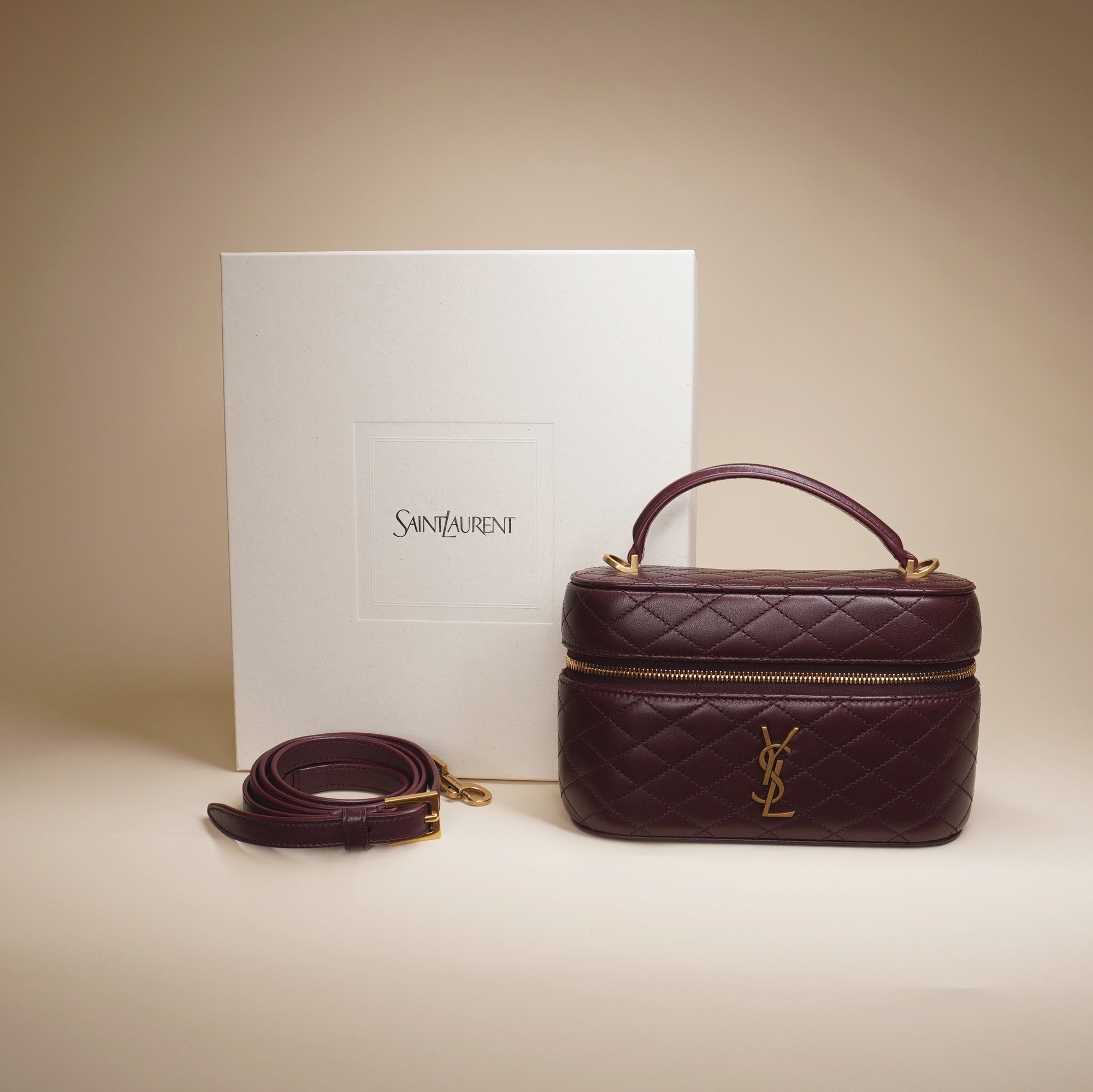 PRE-OWNED Lambskin Quilted Gaby Vanity Case Rouge Cabernet Crossbody Bag