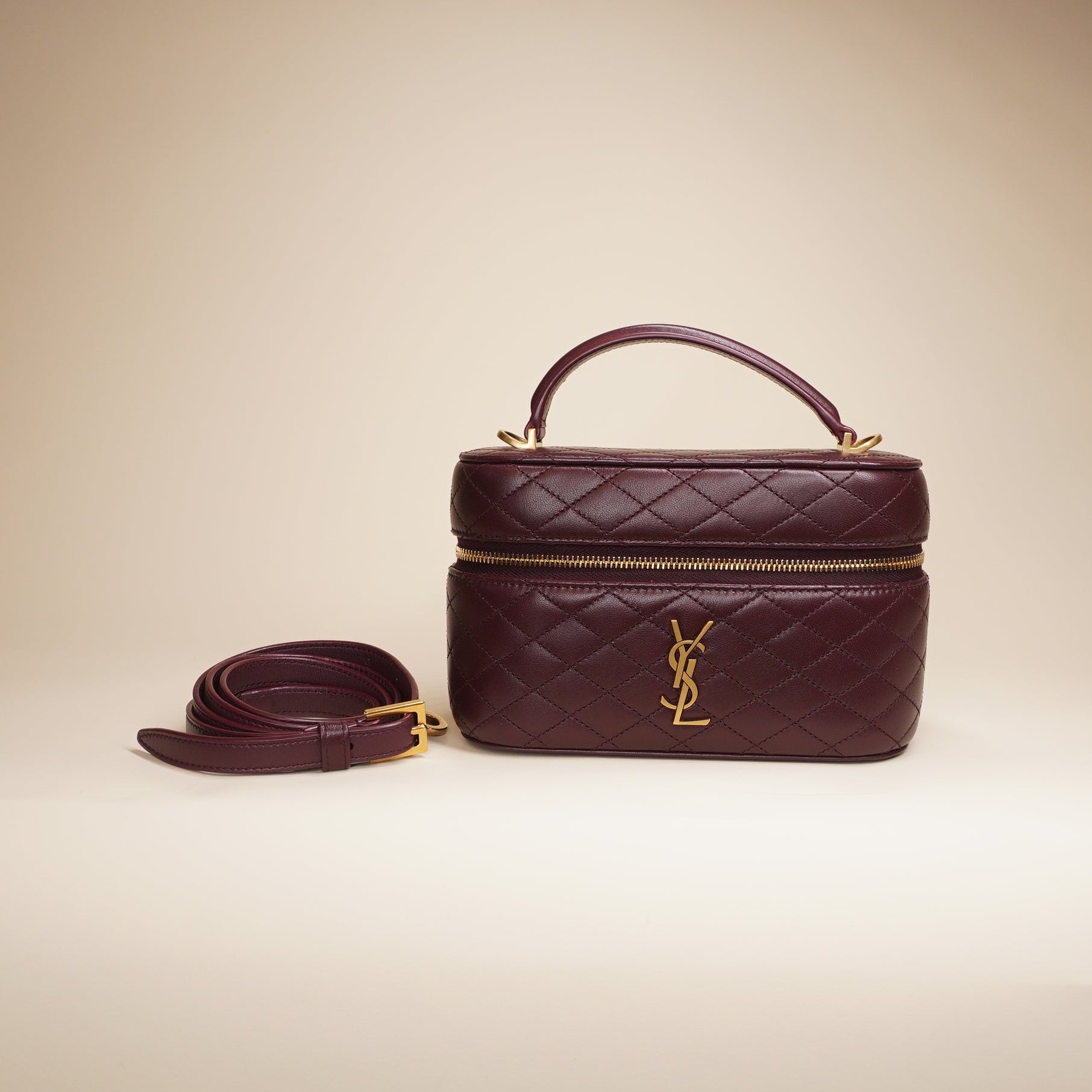 PRE-OWNED Lambskin Quilted Gaby Vanity Case Rouge Cabernet Crossbody Bag