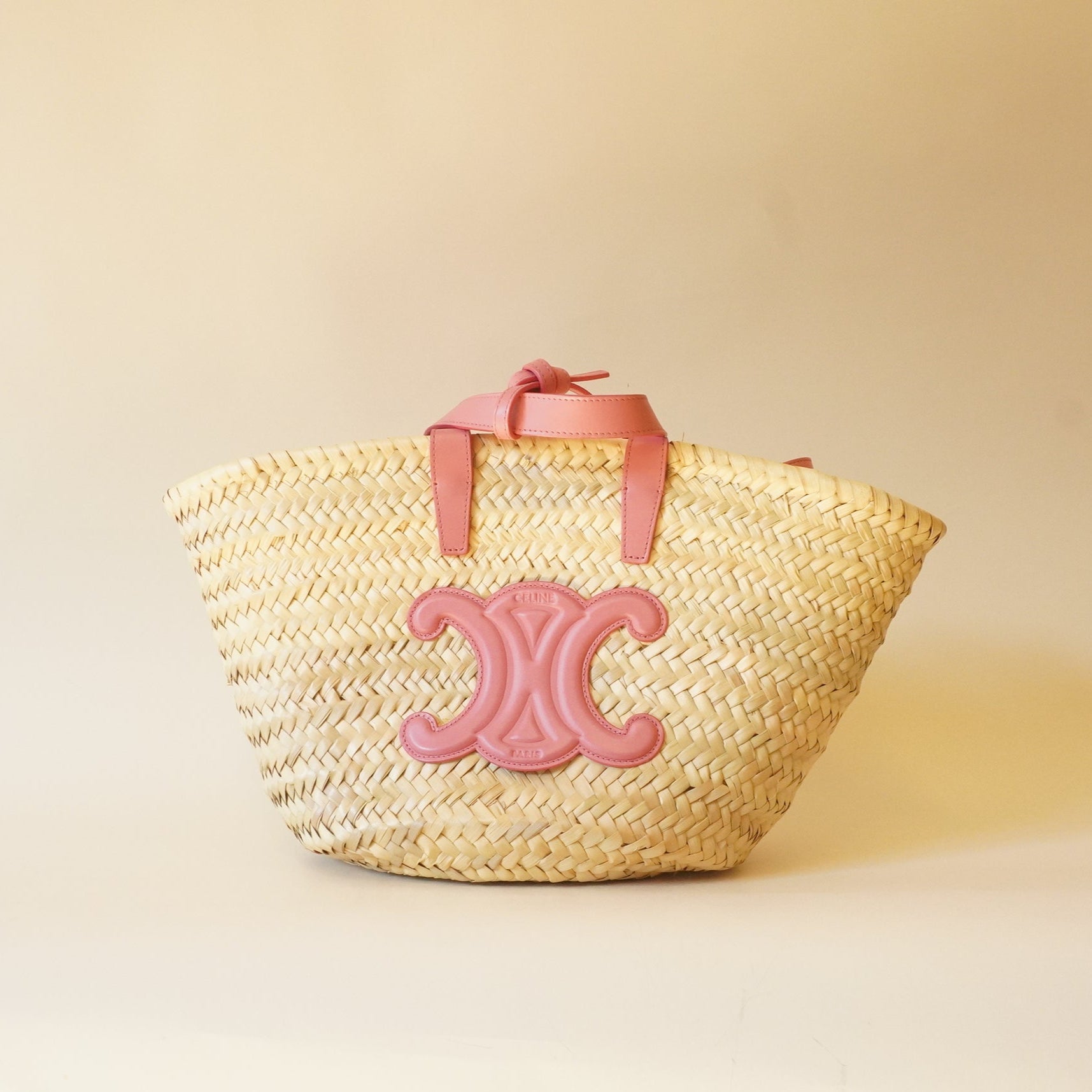 PRE-OWNED Raffia Calfskin Triomphe Teen Panier Lipstick Tote Bag