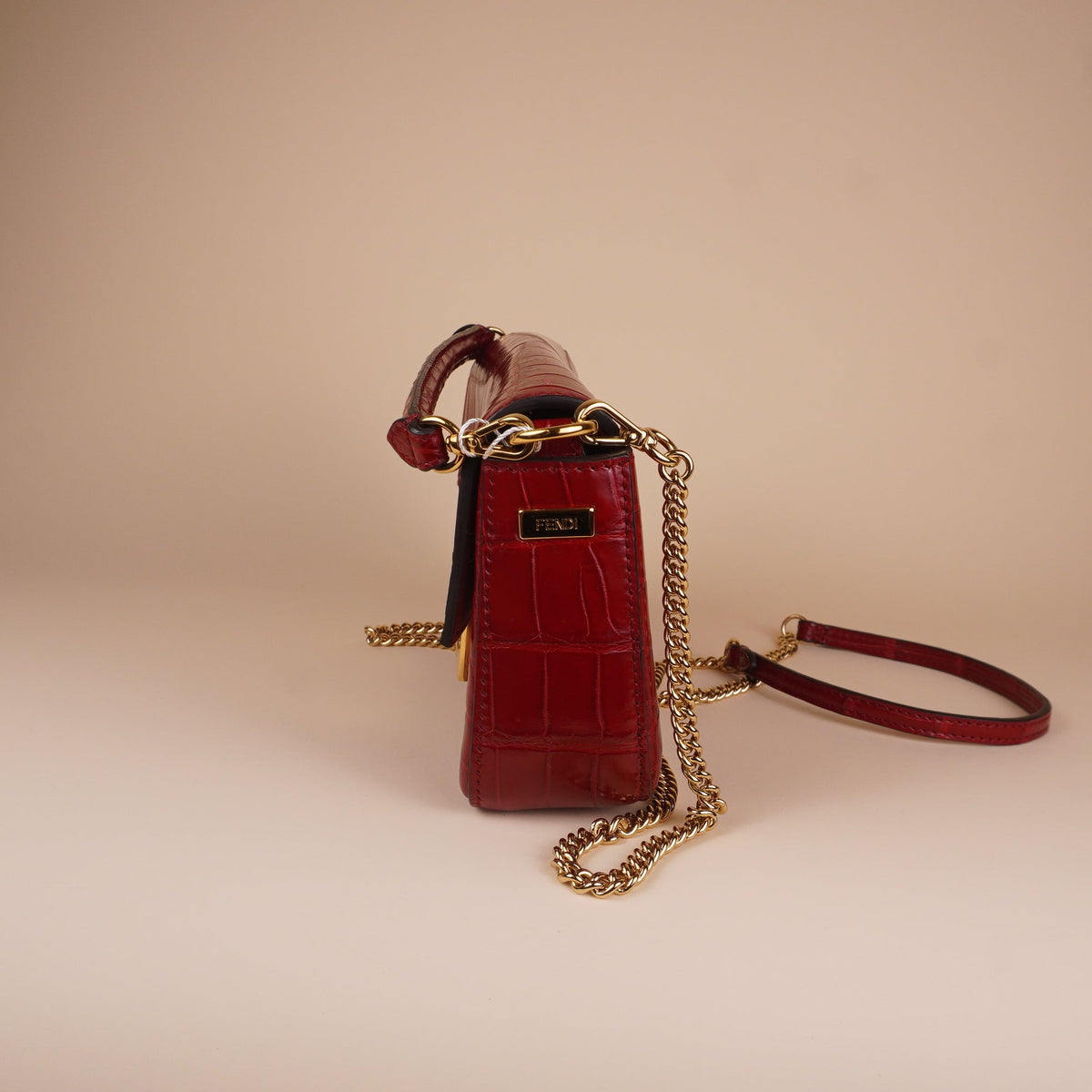 PRE-OWNED FF Mini Baguette Red Crocodile Embossed Leather