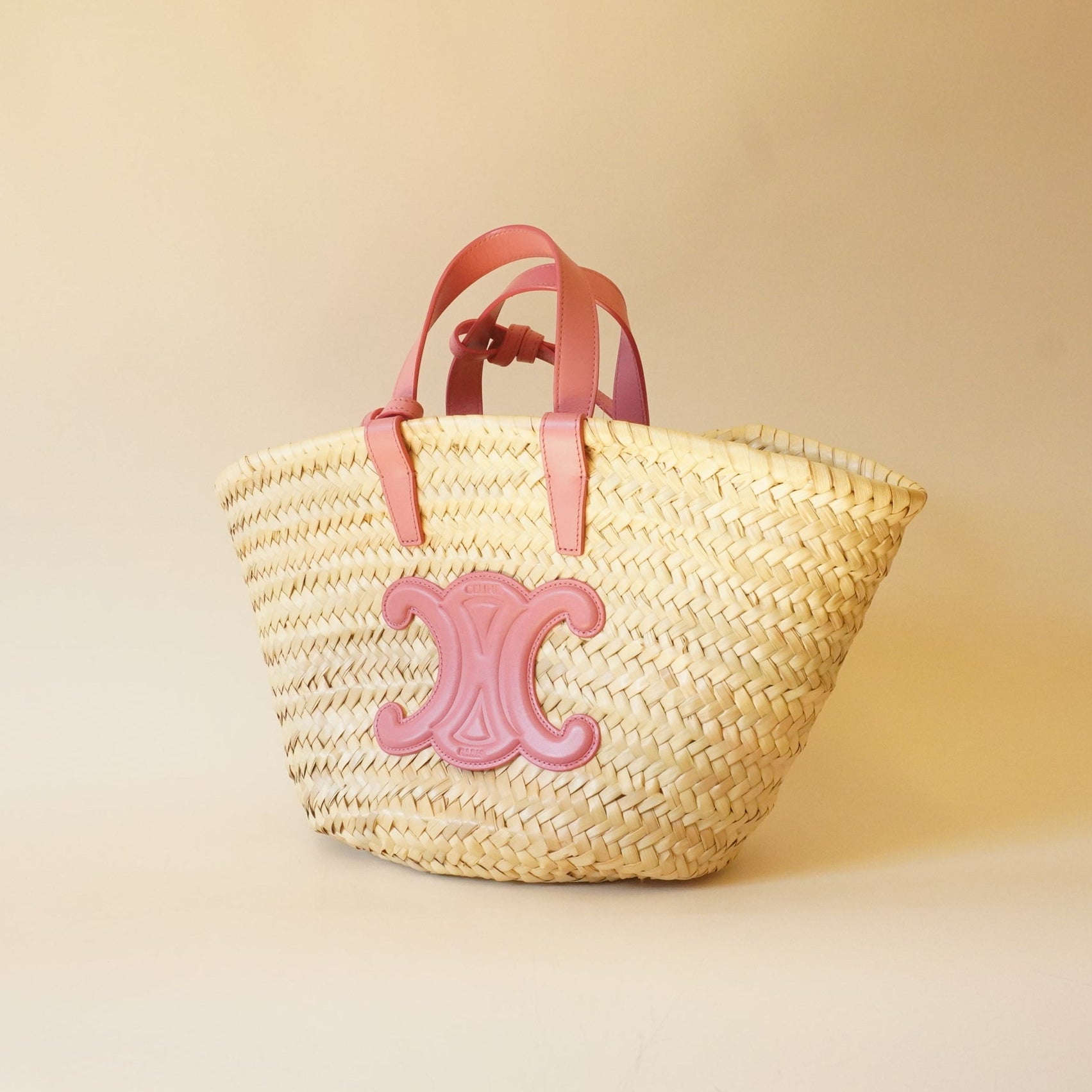 PRE-OWNED Raffia Calfskin Triomphe Teen Panier Lipstick Tote Bag