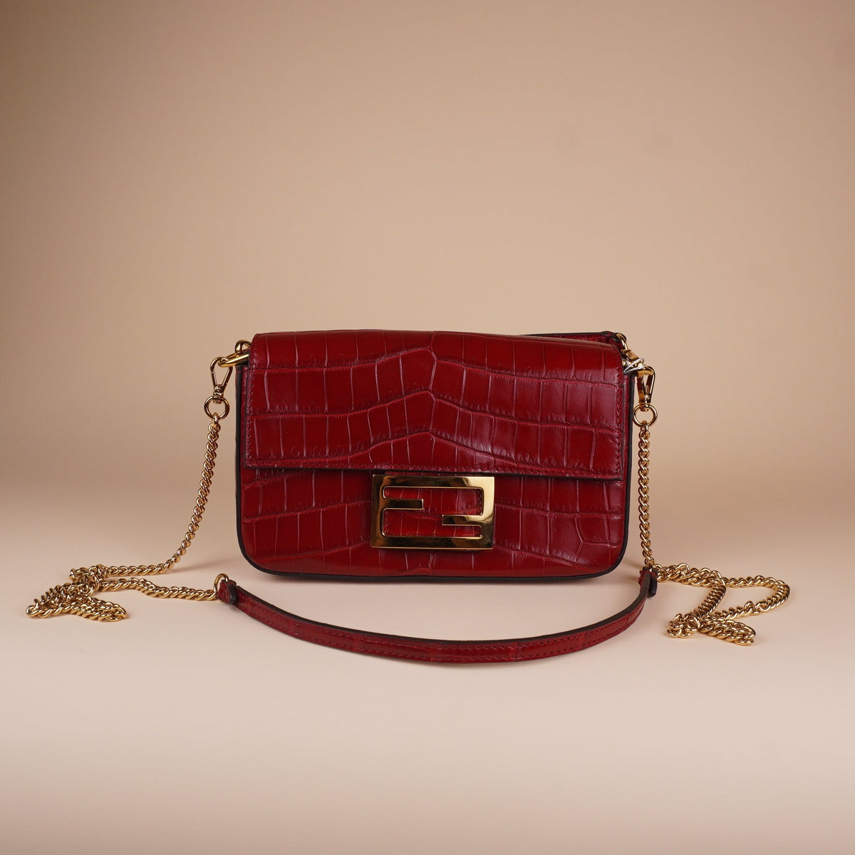 PRE-OWNED FF Mini Baguette Red Crocodile Embossed Leather