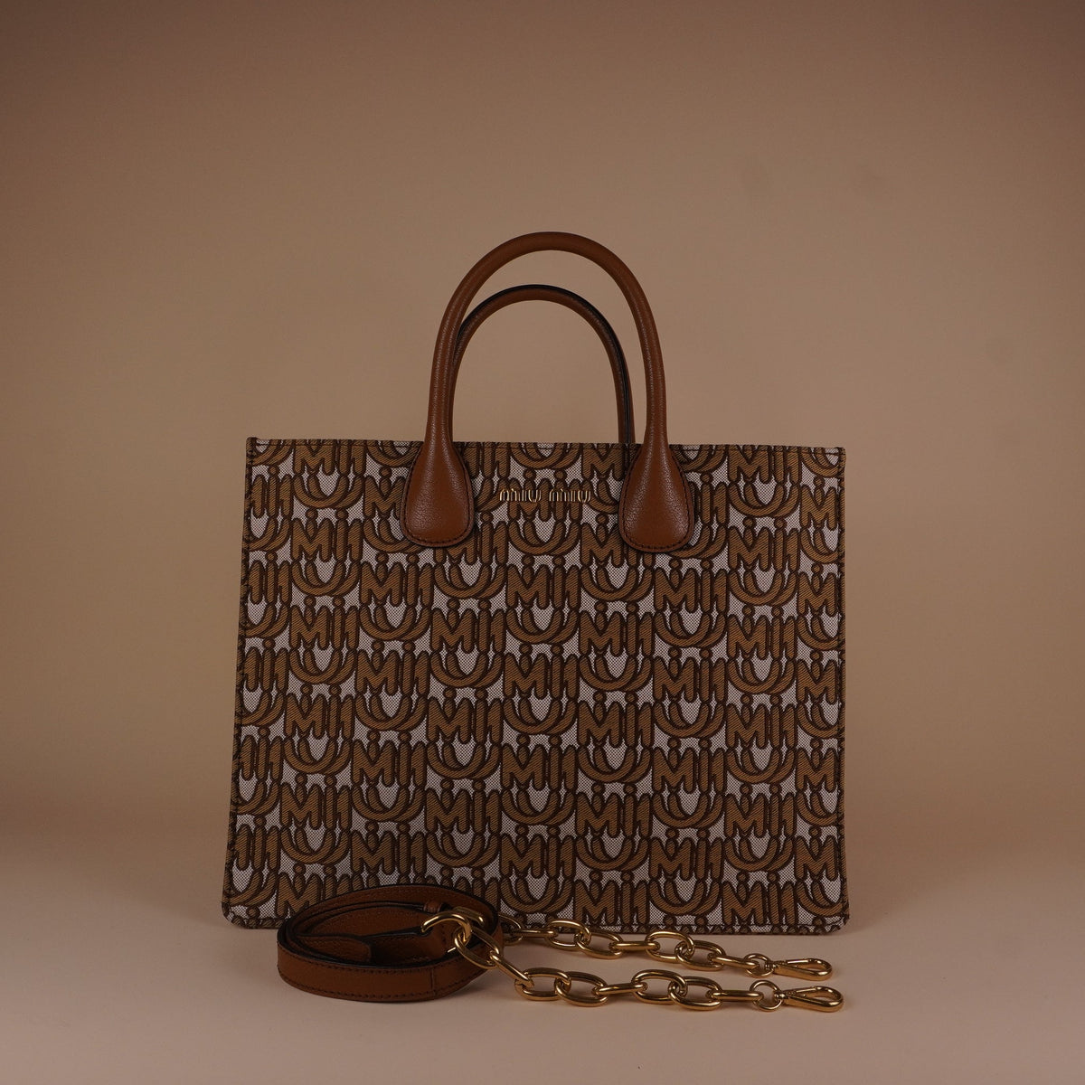 PRE-OWNED Brown Logo Jacquard Shopping Tote Shoulder Bag
