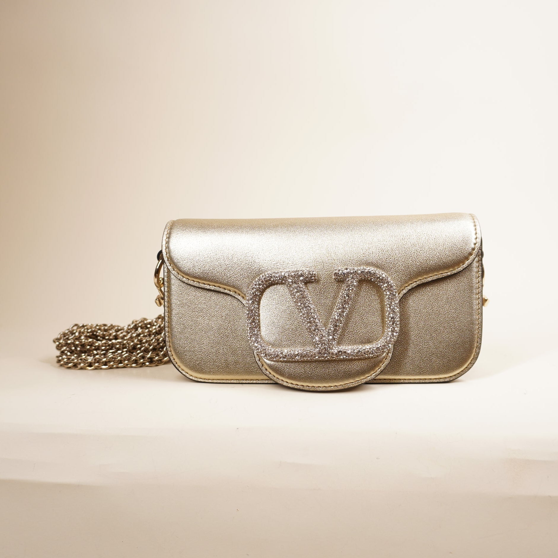 PRE-OWNED Locò Small Champagne Metallic Leather Shoulder Bag with Crystals