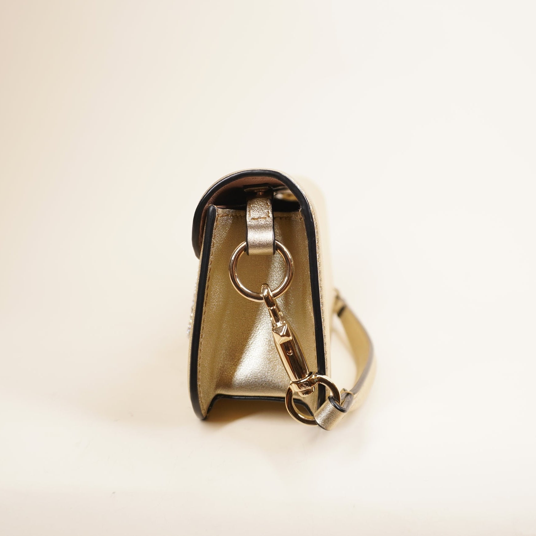 PRE-OWNED Locò Small Champagne Metallic Leather Shoulder Bag with Crystals