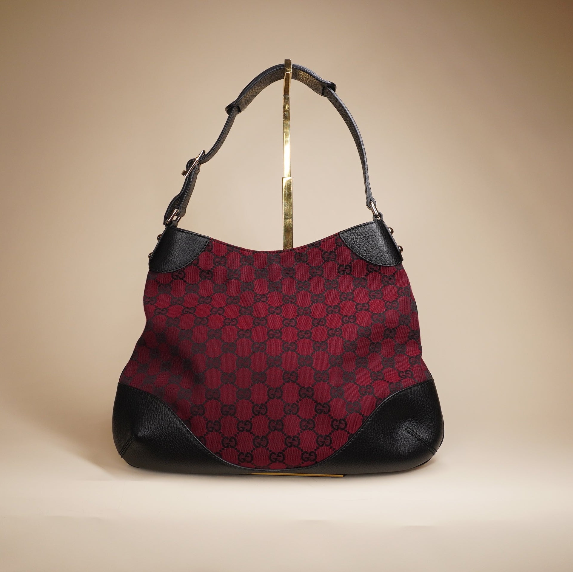 PRE-OWNED GG Canvas Shoulder Bag Black Red