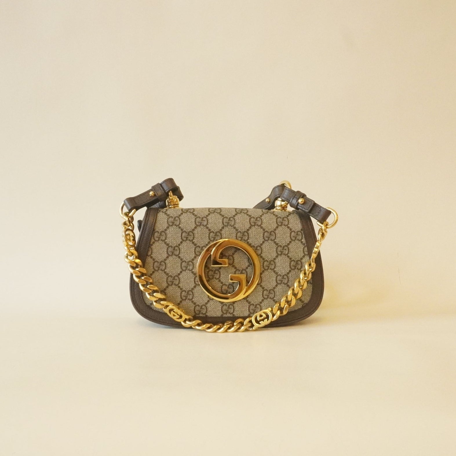 PRE-OWNED GG Supreme Monogram Dollar Calfskin Mini Blondie Chain Shoulder Flap Bag