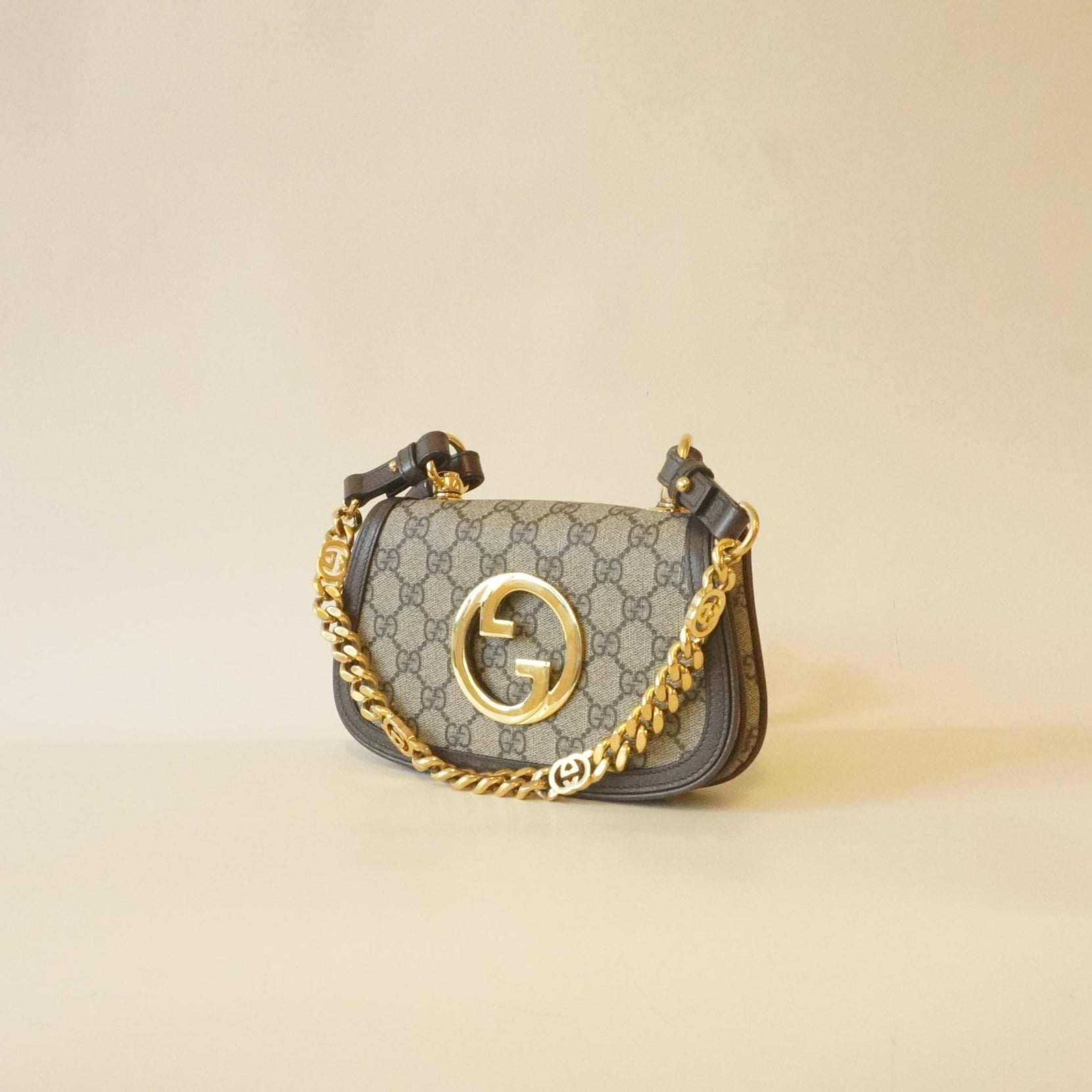 PRE-OWNED GG Supreme Monogram Dollar Calfskin Mini Blondie Chain Shoulder Flap Bag