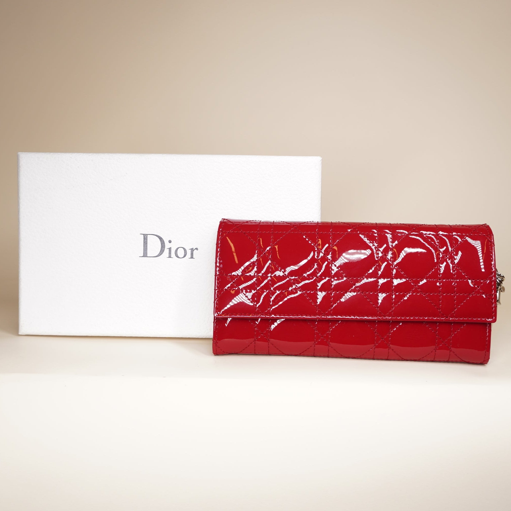 PRE-OWNED Red Cannage Patent Leather Wallet On Chain