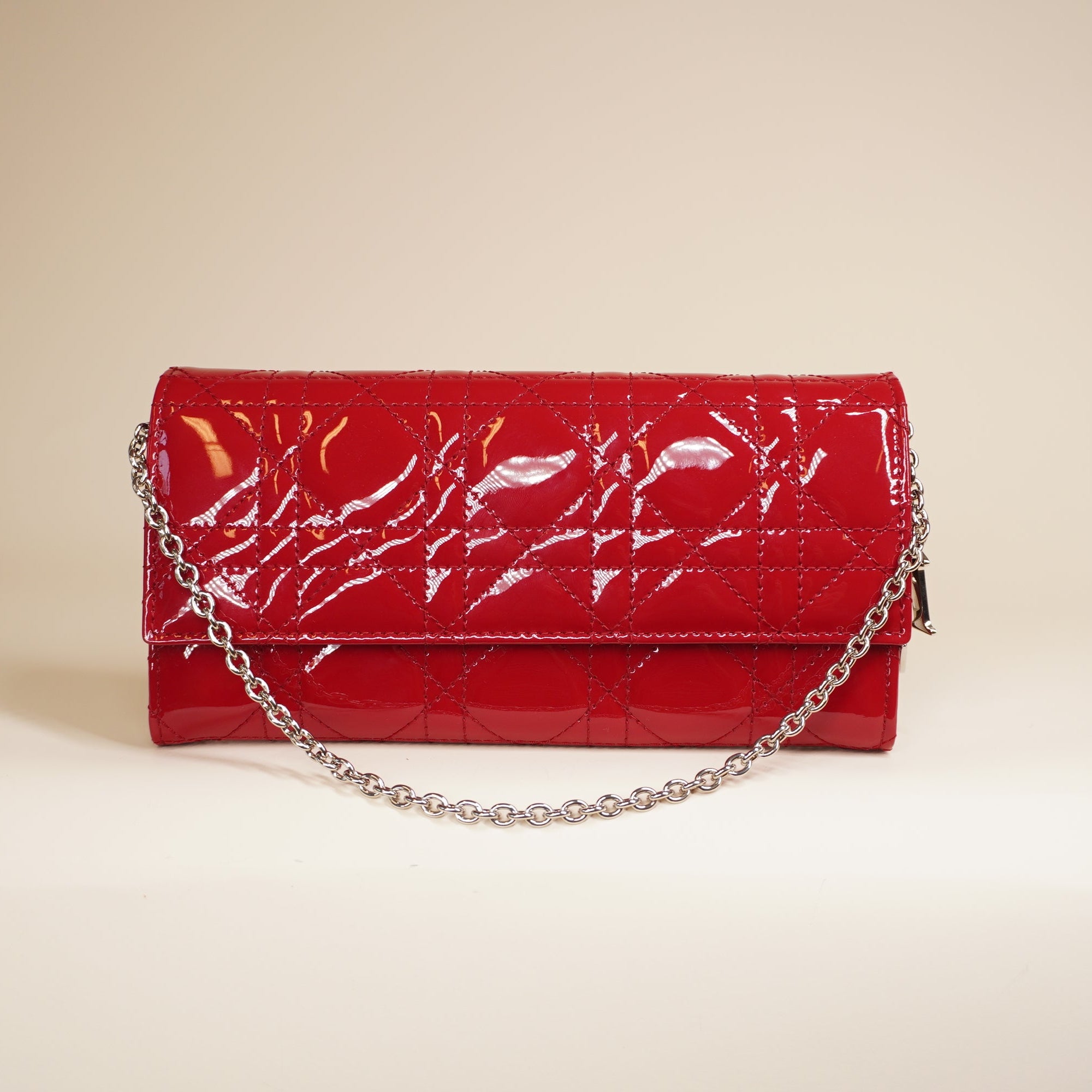 PRE-OWNED Red Cannage Patent Leather Wallet On Chain