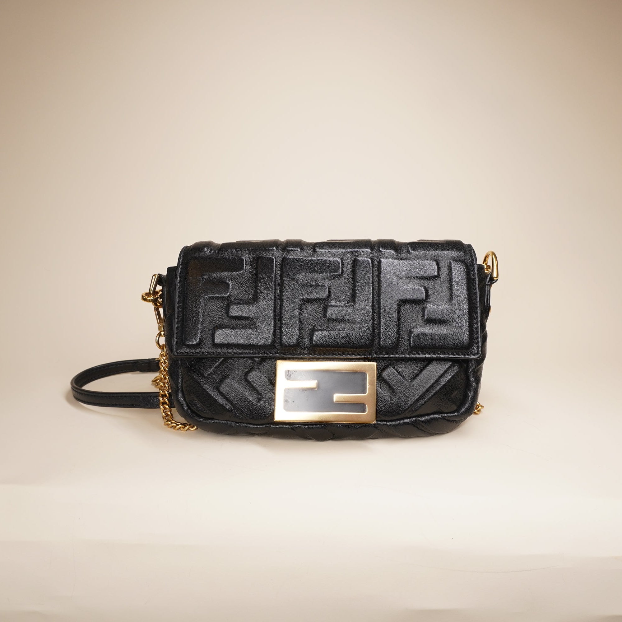 PRE-OWNED Embossed FF Black Mini Baguette Crossbody Bag