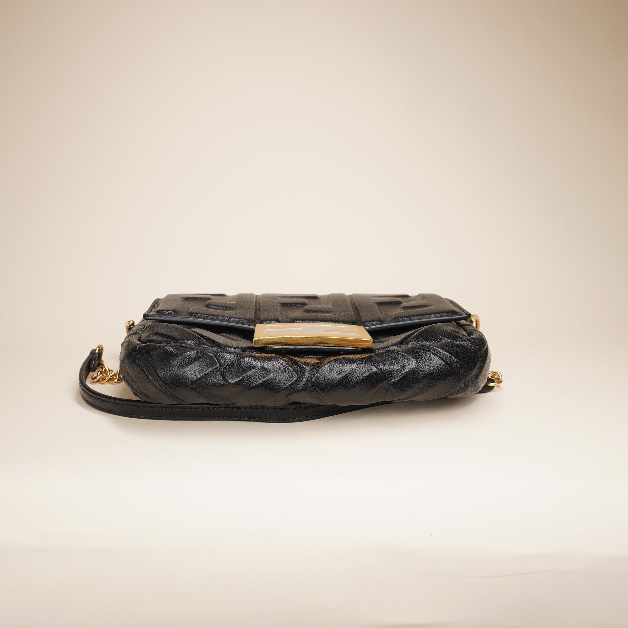 PRE-OWNED Embossed FF Black Mini Baguette Crossbody Bag