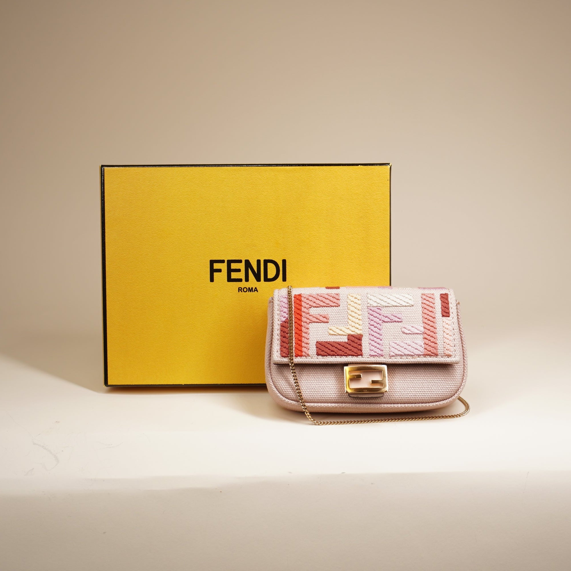 PRE-OWNED  Chain Baguette Charm Bag Zucca Canvas Nano Pink