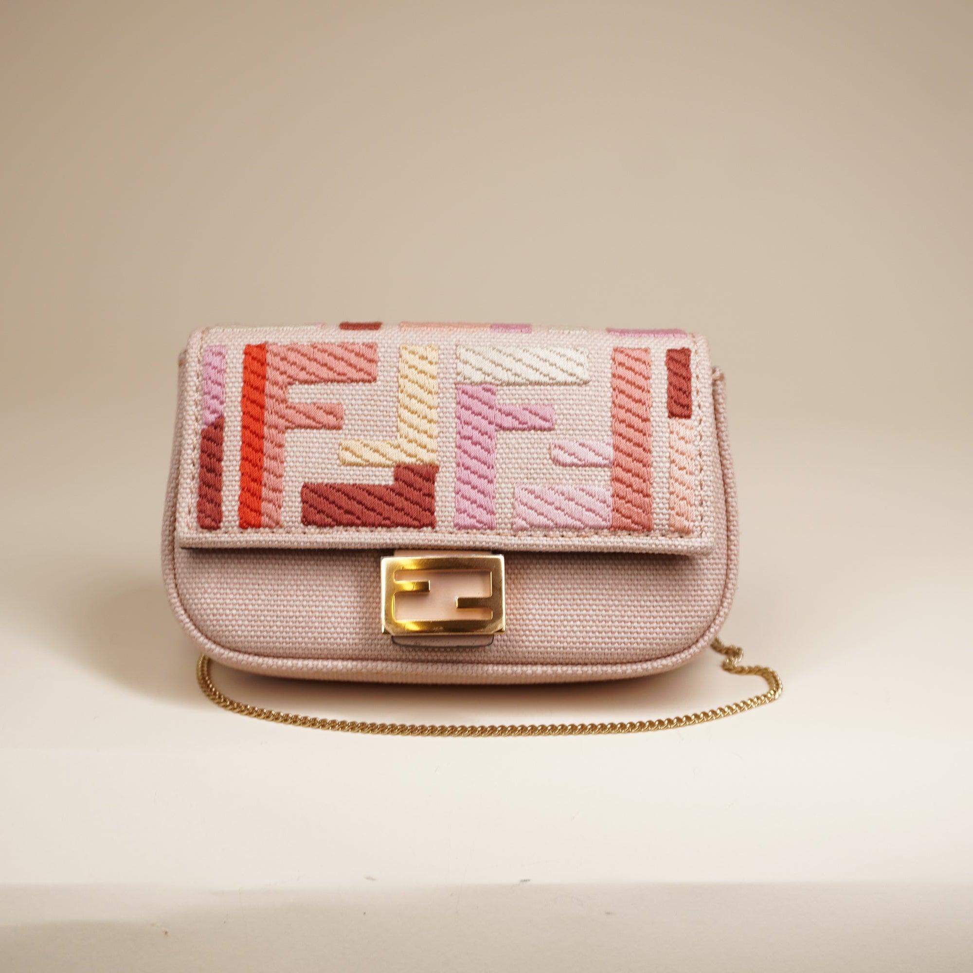 PRE-OWNED  Chain Baguette Charm Bag Zucca Canvas Nano Pink