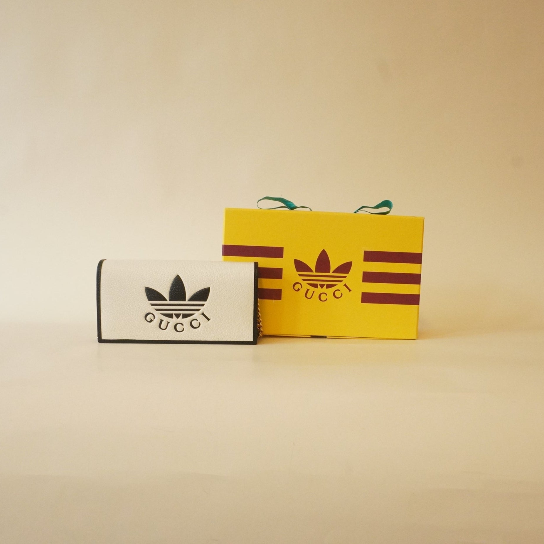 PRE-OWNED X ADIDAS Textured Dollar Calfskin Trefoil Embossed Wallet On Chain Off White Black