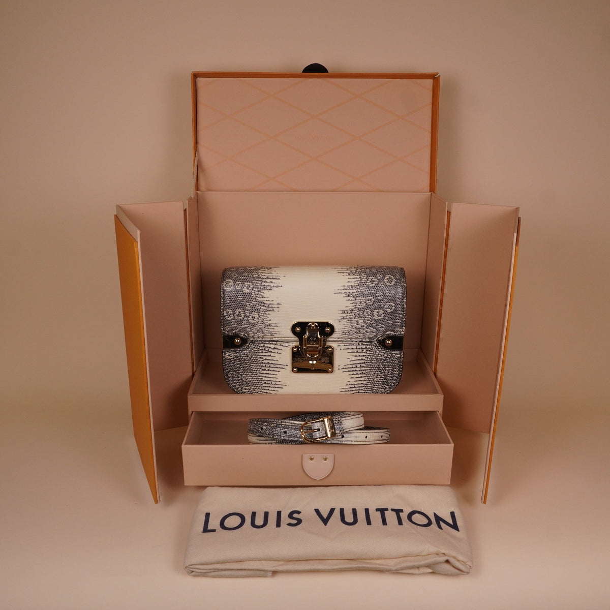 PRE-OWNED LV White & Gray Lizard S-Lock Shoulder Bag