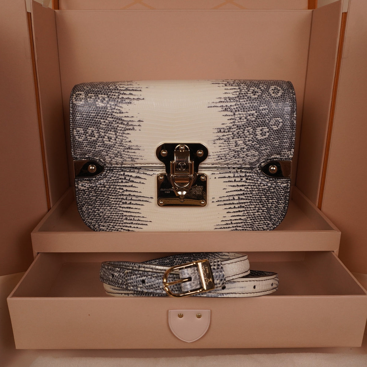 PRE-OWNED LV White & Gray Lizard S-Lock Shoulder Bag