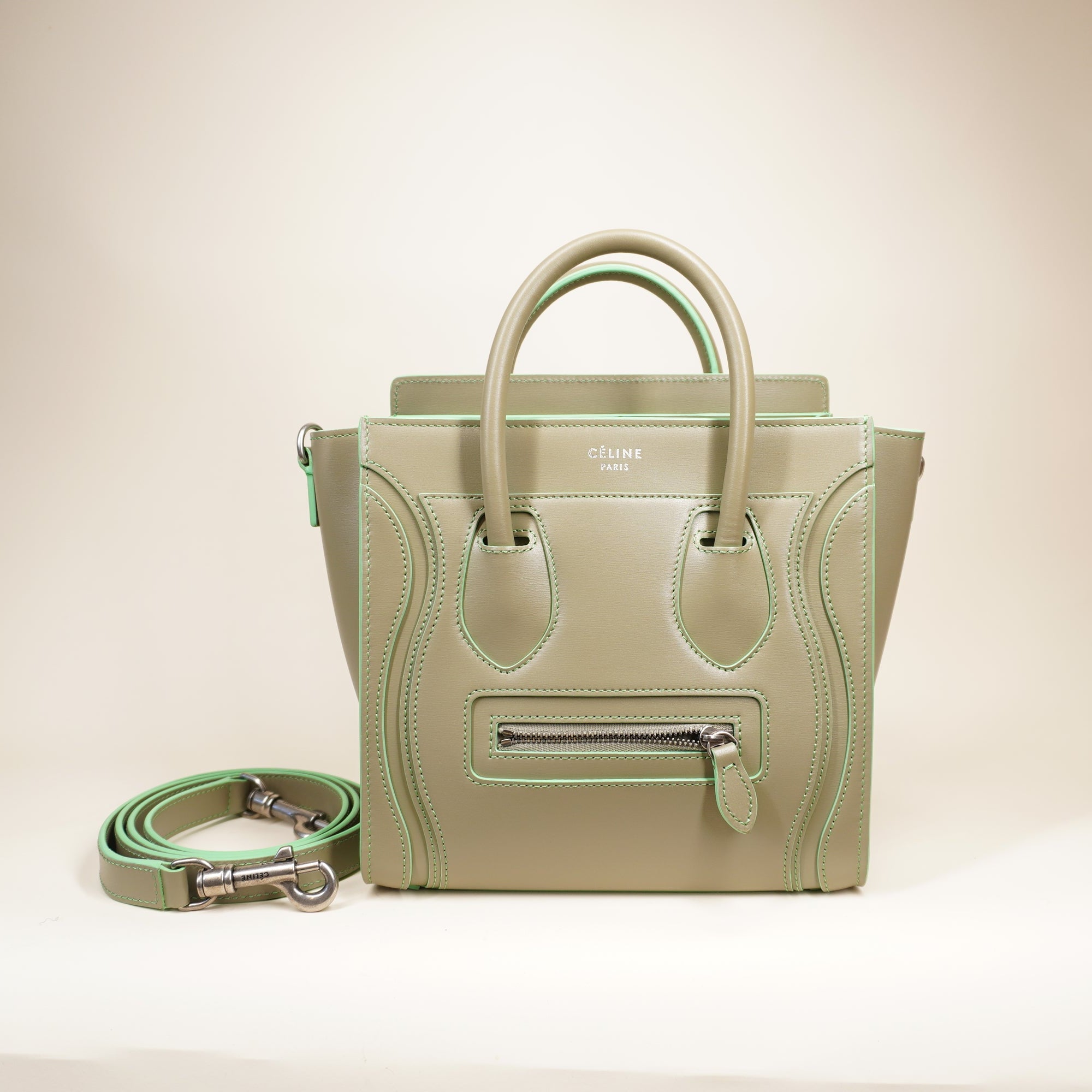 PRE-OWNED Olive Grey Leather Nano Luggage Shoulder Bag