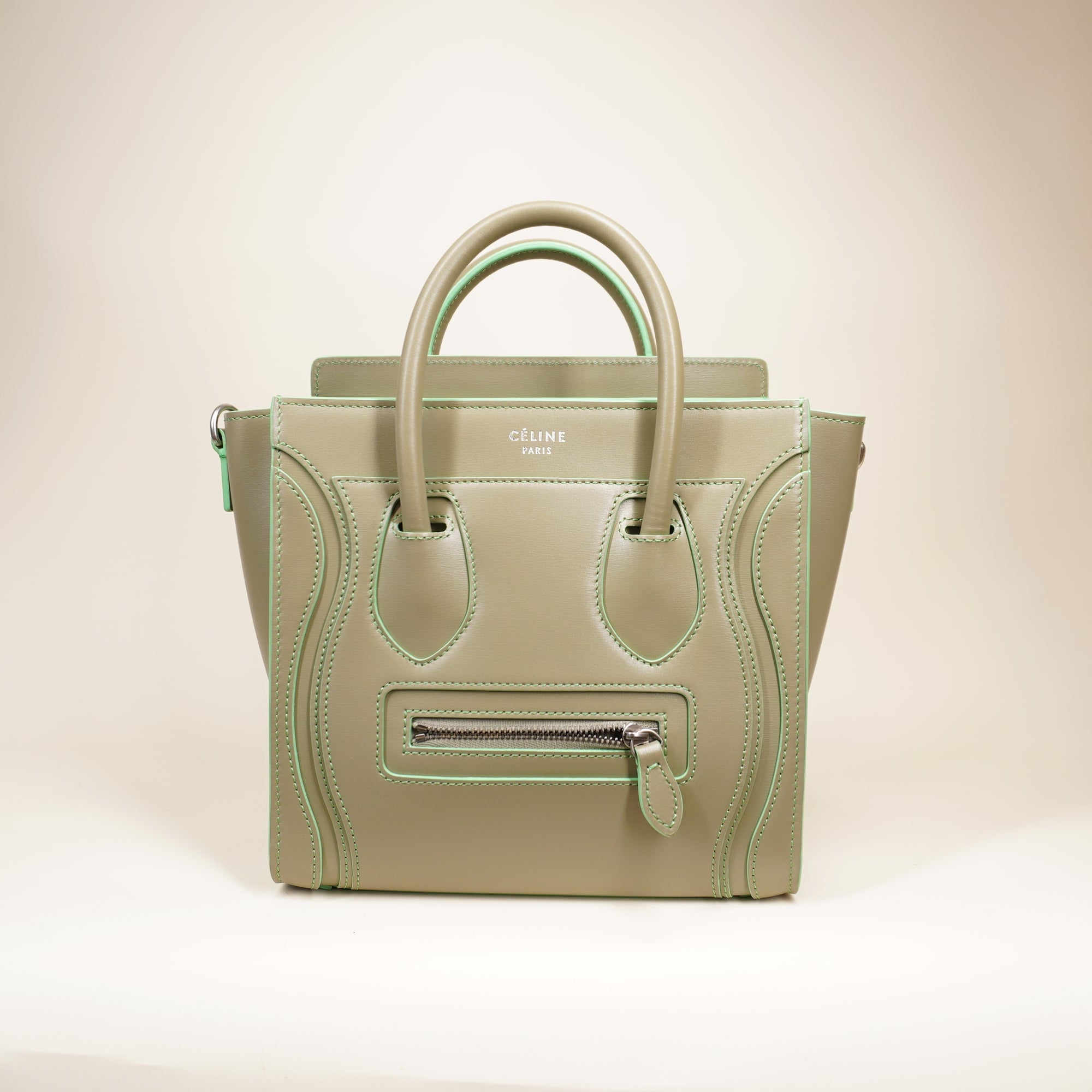 PRE-OWNED Olive Grey Leather Nano Luggage Shoulder Bag